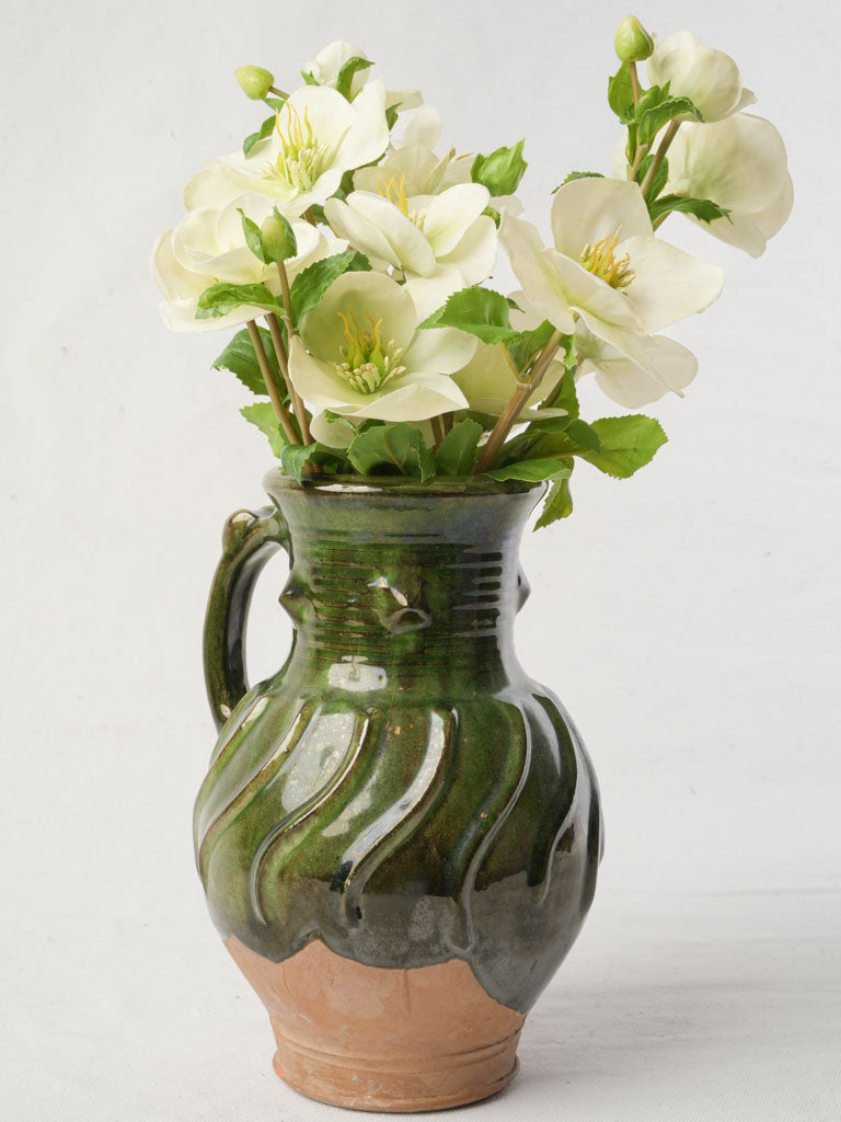 Vintage French Green-Glazed Terracotta Jug w/ Spiral Relief - 9½"