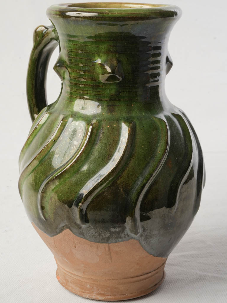Vintage French Green-Glazed Terracotta Jug w/ Spiral Relief - 9½"
