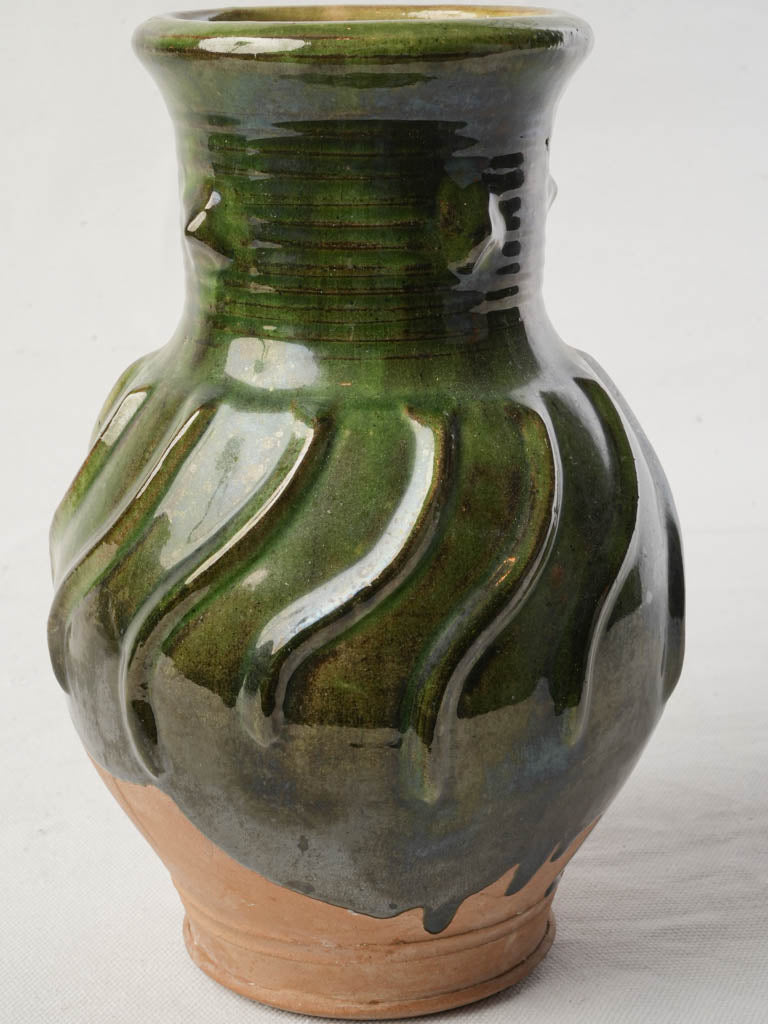 Vintage French Green-Glazed Terracotta Jug w/ Spiral Relief - 9½"