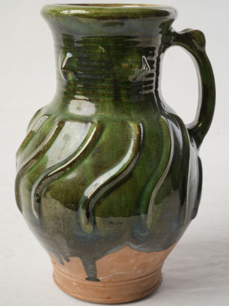 Vintage French Green-Glazed Terracotta Jug w/ Spiral Relief - 9½"