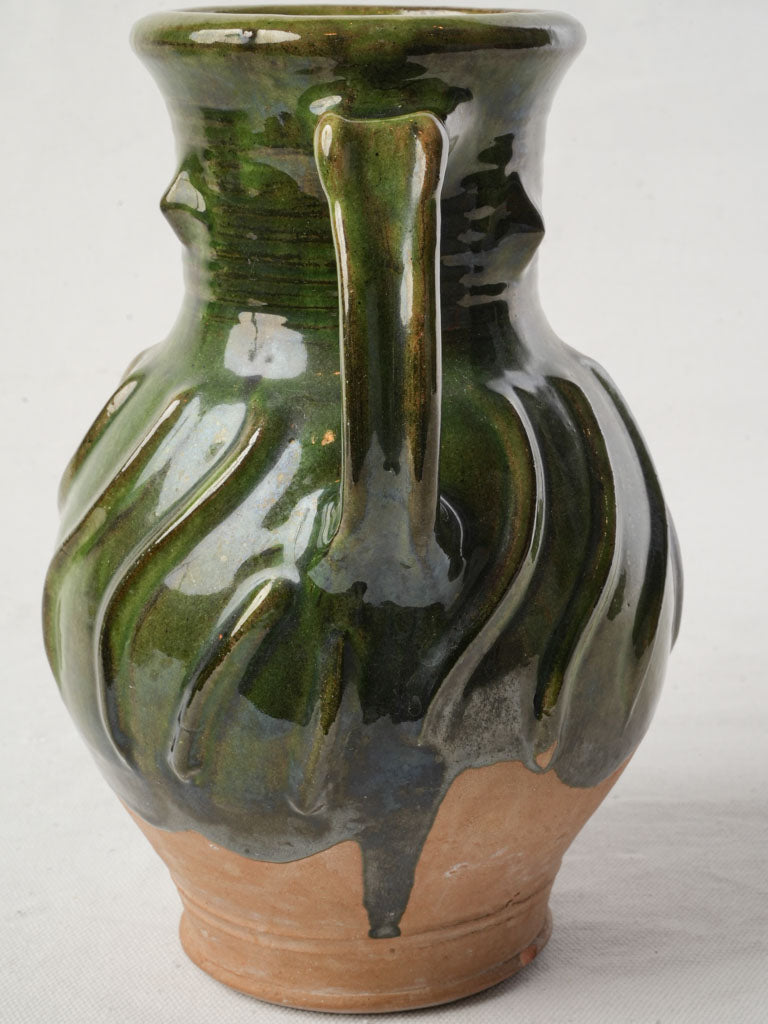 Vintage French Green-Glazed Terracotta Jug w/ Spiral Relief - 9½"