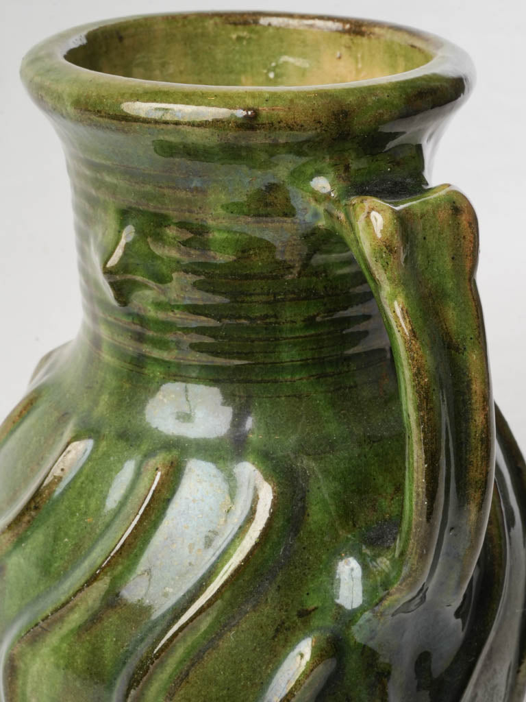 Vintage French Green-Glazed Terracotta Jug w/ Spiral Relief - 9½"