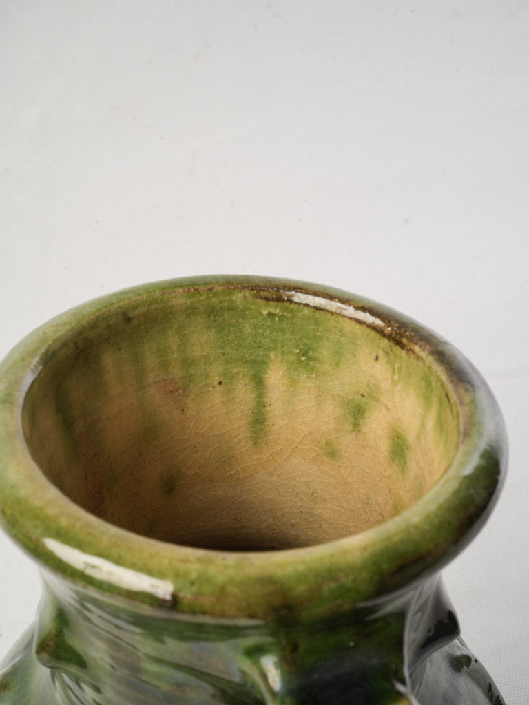 Vintage French Green-Glazed Terracotta Jug w/ Spiral Relief - 9½"
