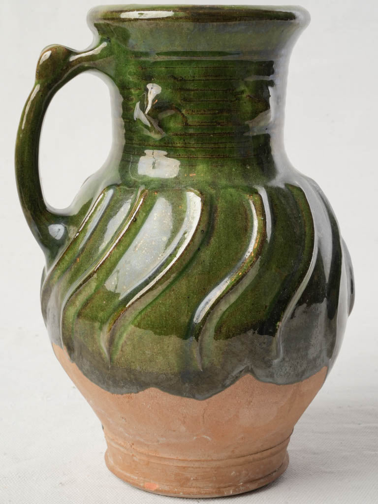 Vintage French Green-Glazed Terracotta Jug w/ Spiral Relief - 9½"