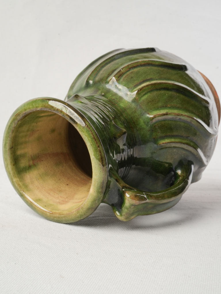 Vintage French Green-Glazed Terracotta Jug w/ Spiral Relief - 9½"