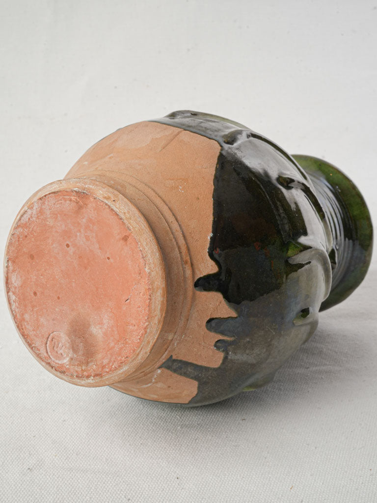Vintage French Green-Glazed Terracotta Jug w/ Spiral Relief - 9½"
