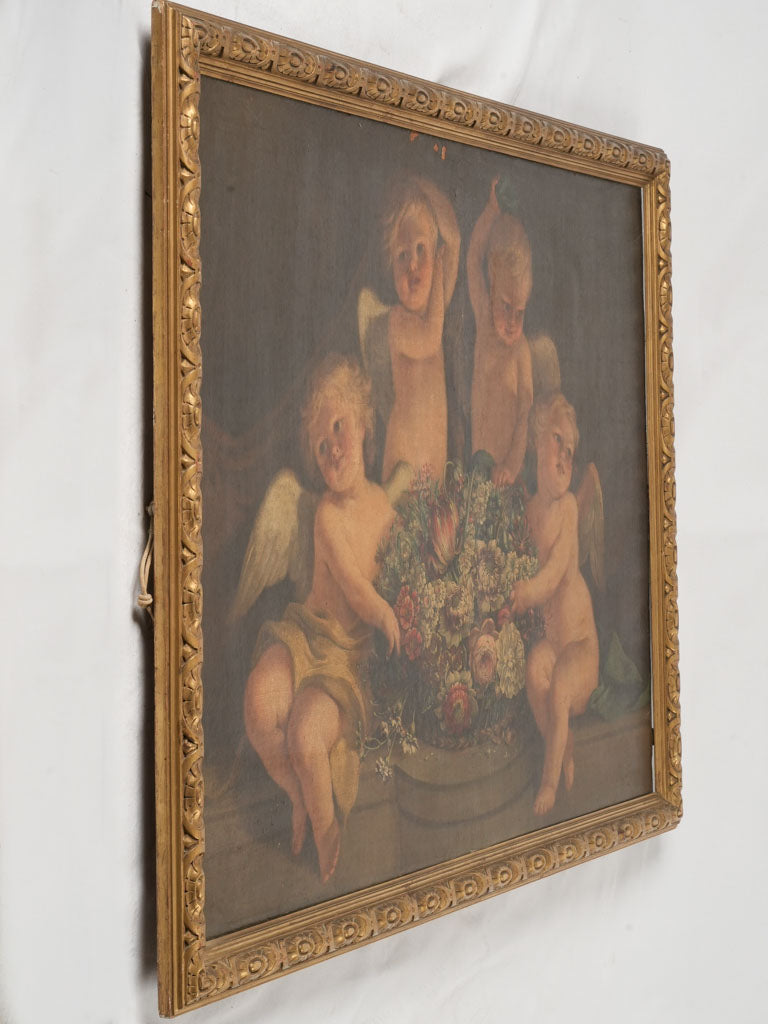 Playful, vibrant cherubs with floral bouquet