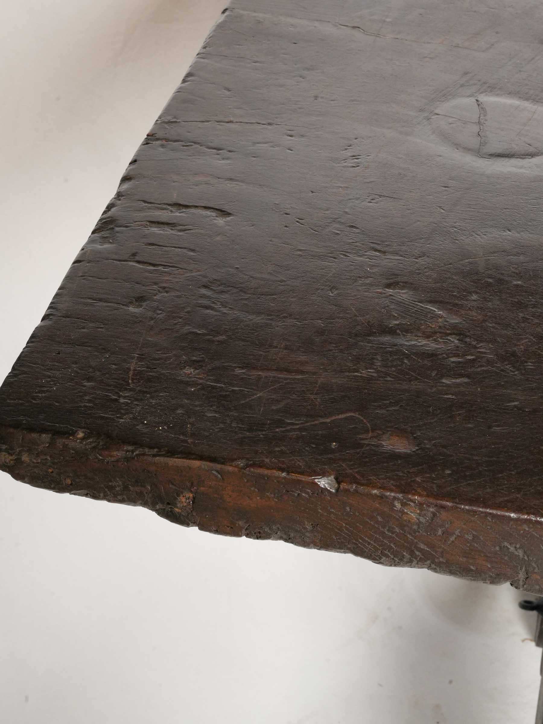 Beautiful Italian Baroque Table w/ Single-Plank Top and Wrought-Iron Stretchers, 17th Century - 79½"