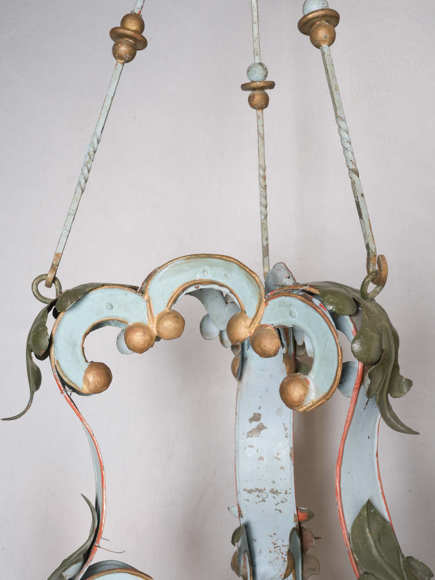 Small French or Italian Painted Tôle Three-Light Chandelier, Early 20th Century - 41" x 21¼"