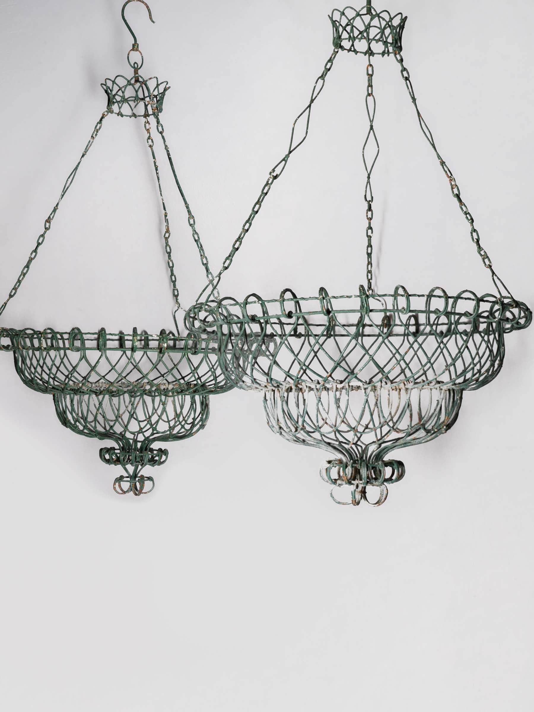 Pair of Hand-Worked French Green-Painted Wire Hanging Jardinières / Baskets, circa 1950 - 38¼"