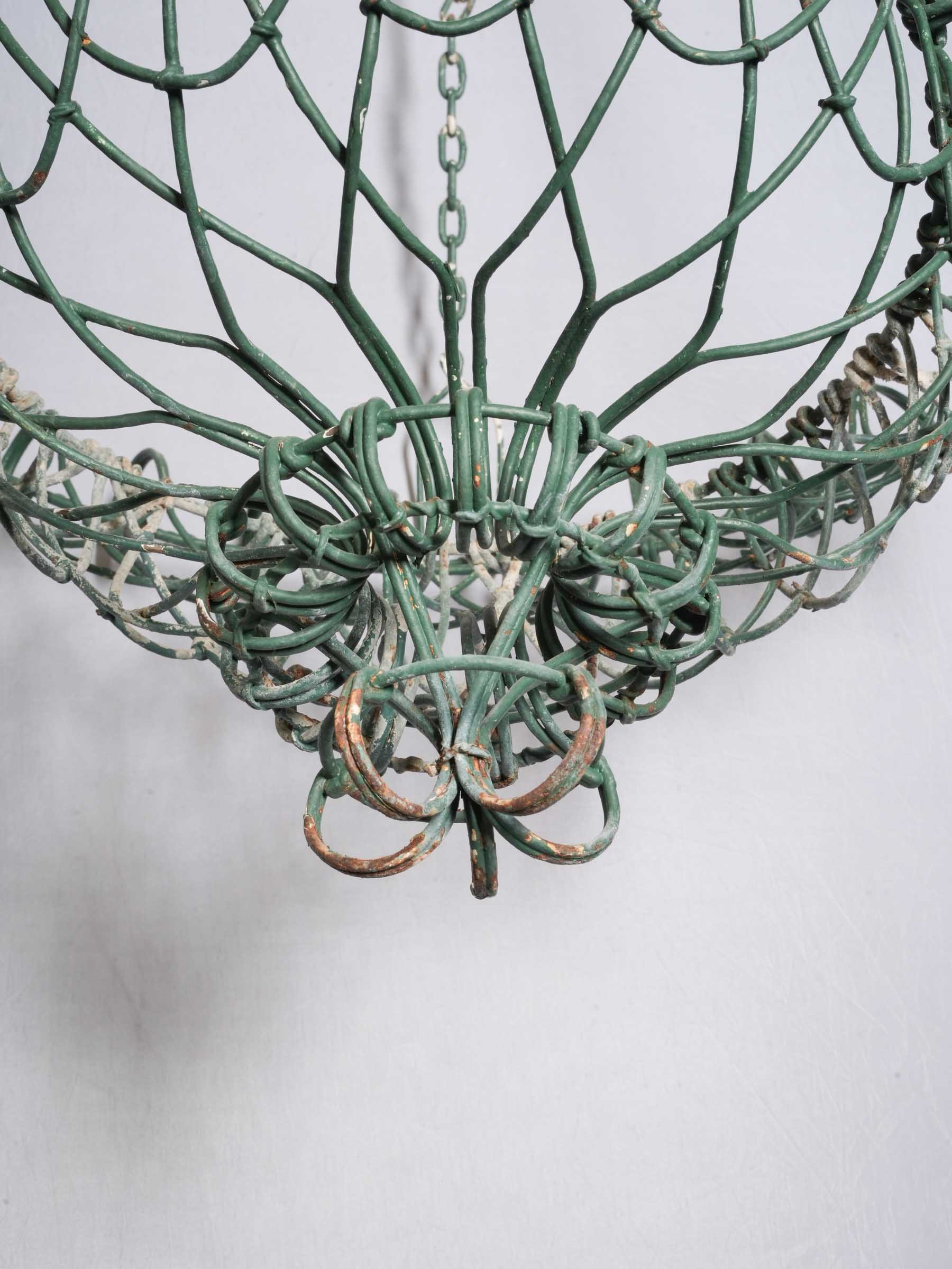 Pair of Hand-Worked French Green-Painted Wire Hanging Jardinières / Baskets, circa 1950 - 38¼"