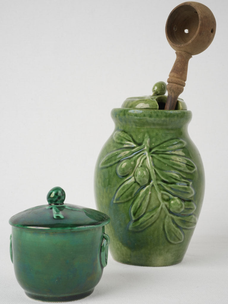 Vintage green-glazed terracotta olive jar