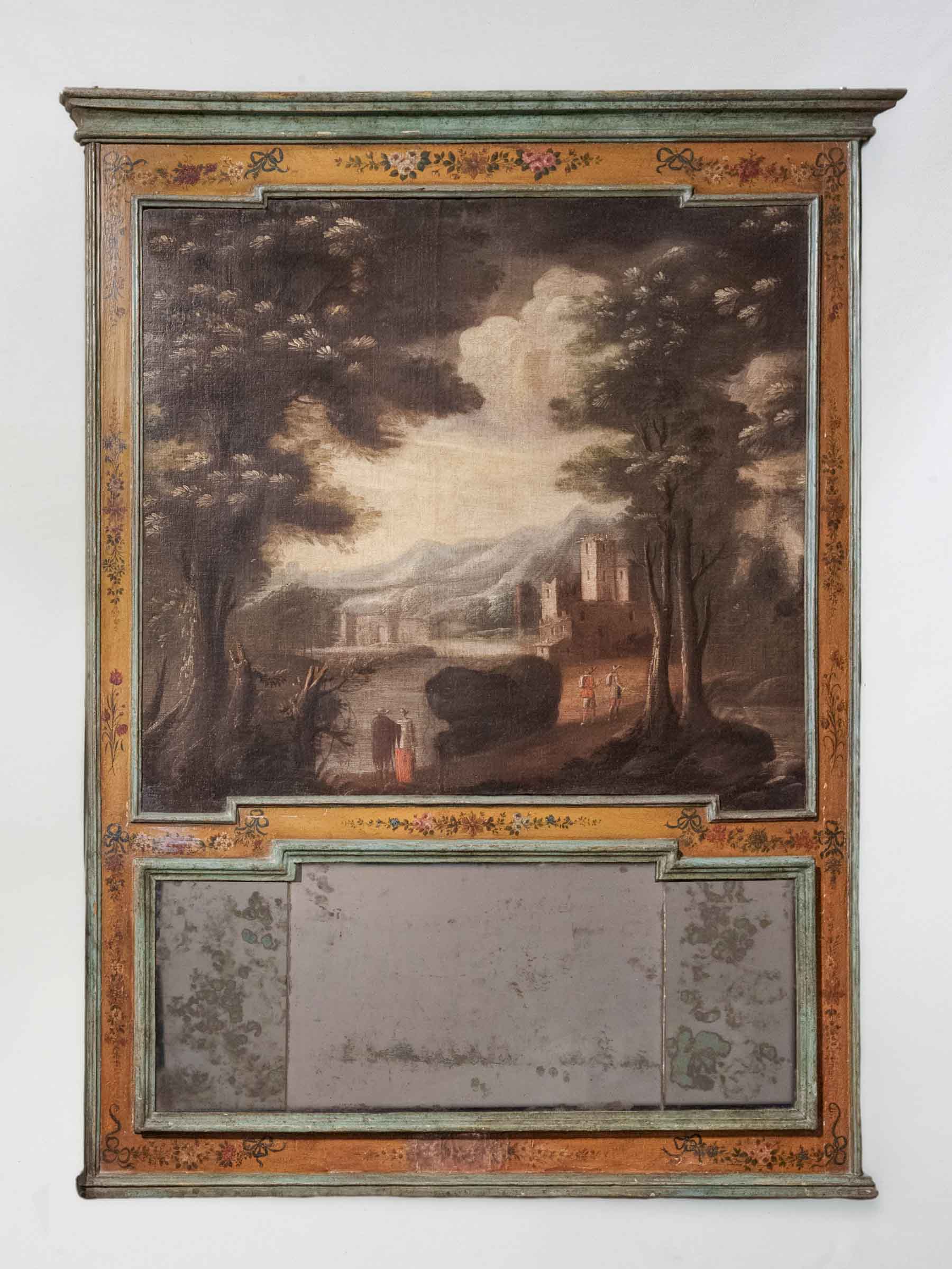Large Trumeau Mirror w/ Mercury Glass and Capriccio Landscape, circa 1800 - 68½" x 55"
