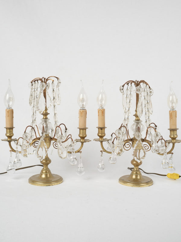 Antique French crystal girandole table lamps