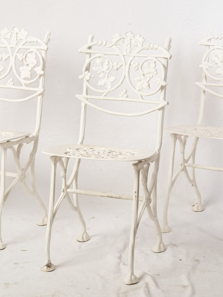 3 Vintage French White Painted Cast Aluminum Garden Chairs w/ Decorative Foliate Backs