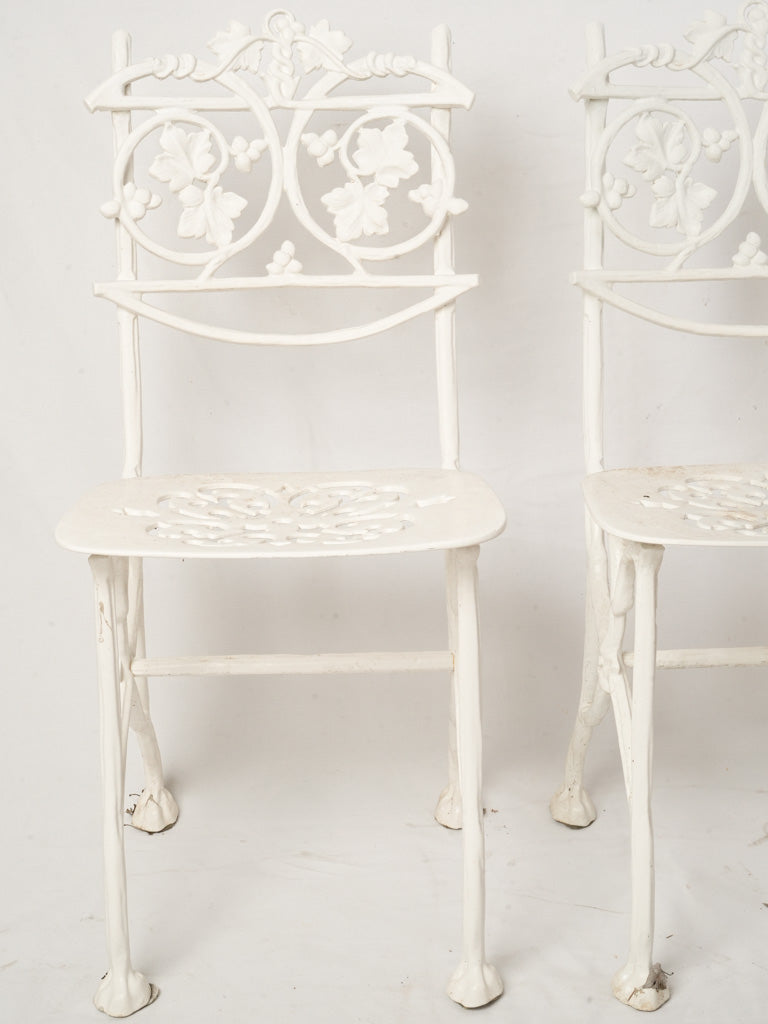 3 Vintage French White Painted Cast Aluminum Garden Chairs w/ Decorative Foliate Backs