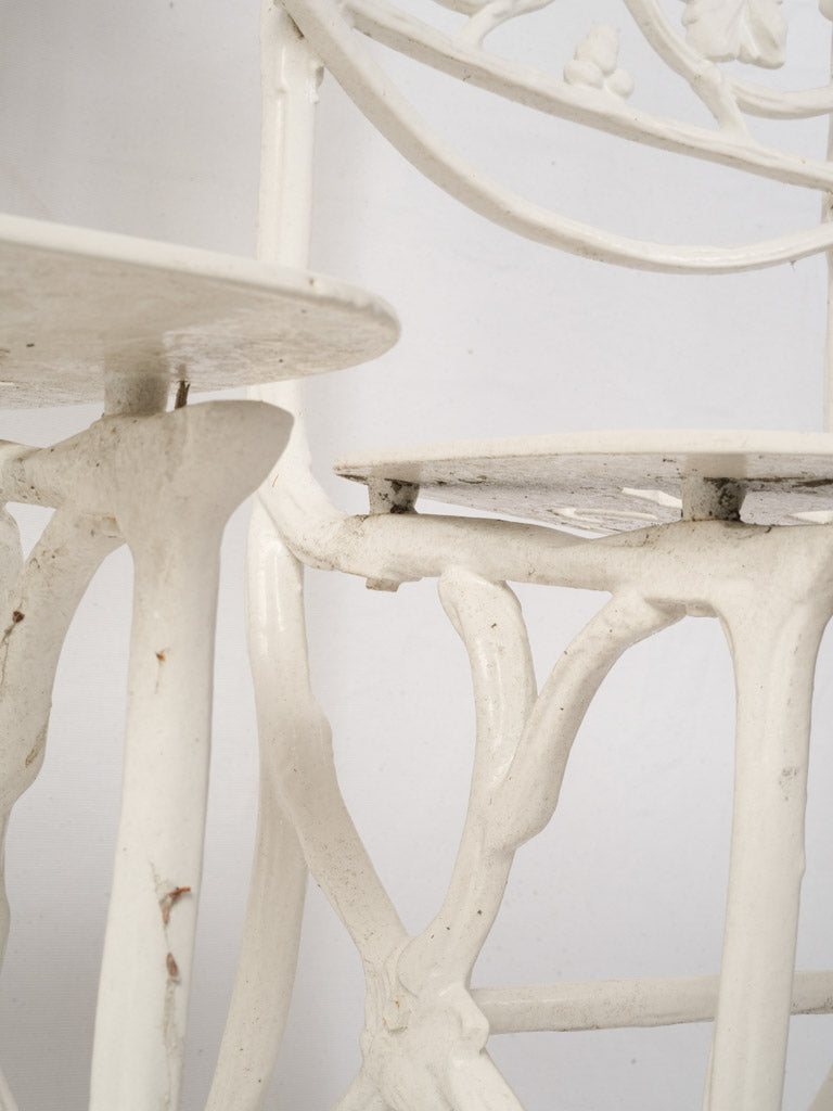 3 Vintage French White Painted Cast Aluminum Garden Chairs w/ Decorative Foliate Backs