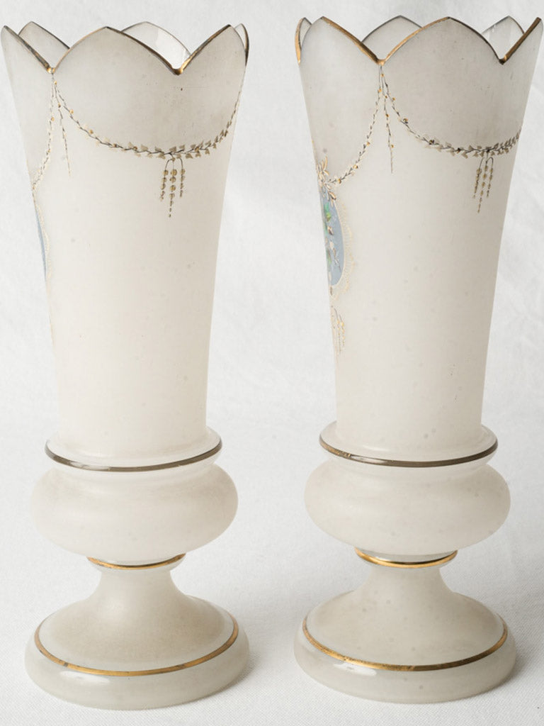 Ornamental opaline-type glass mantel vases