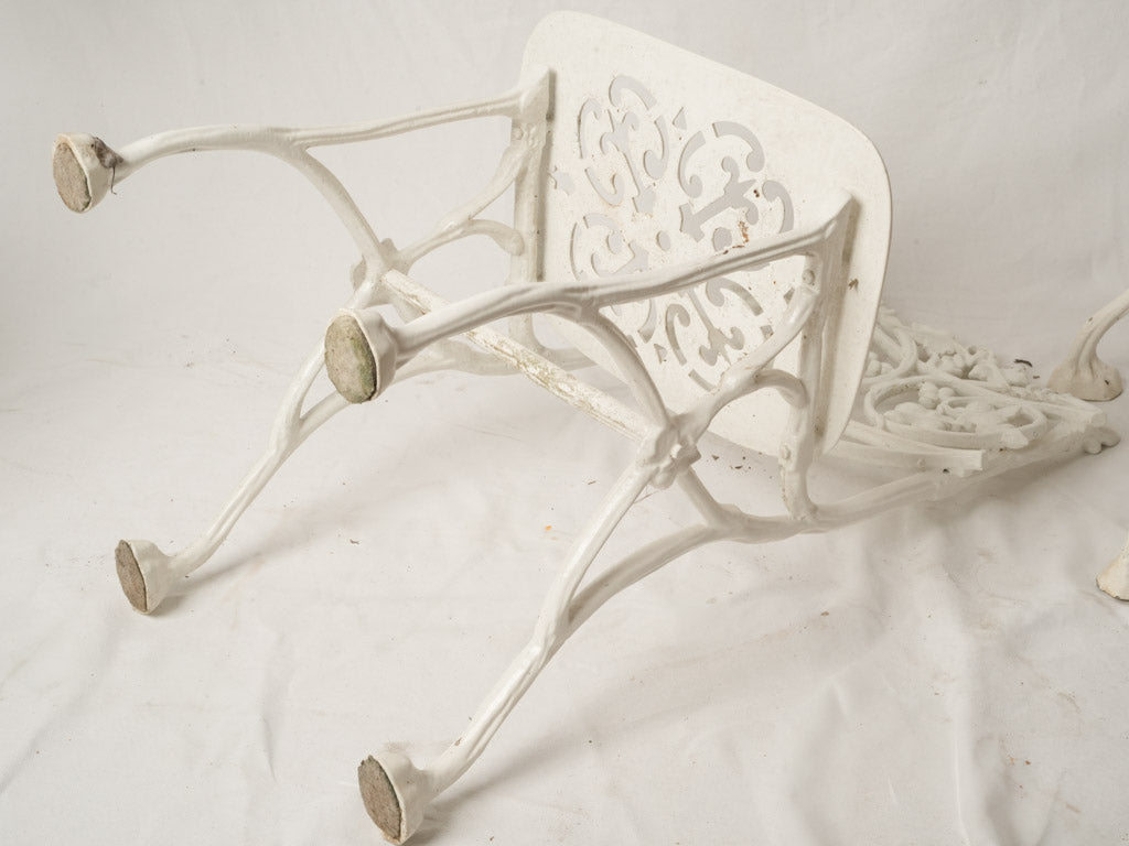 3 Vintage French White Painted Cast Aluminum Garden Chairs w/ Decorative Foliate Backs