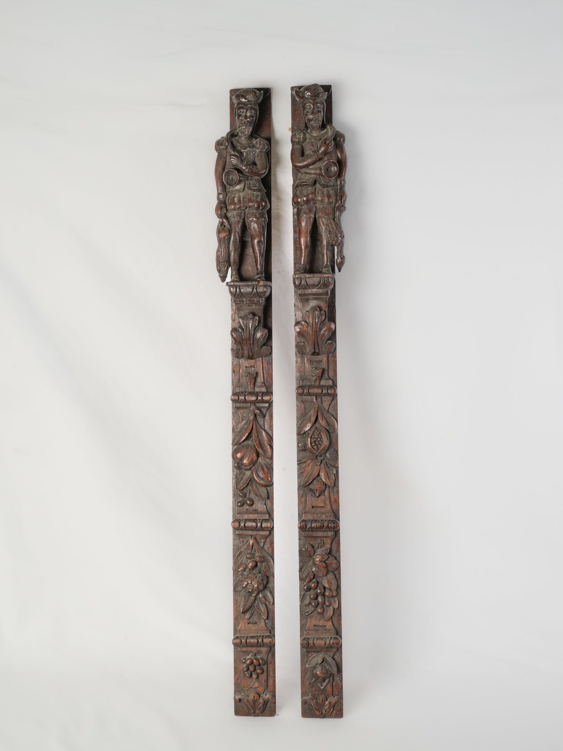 Rare Pair of Carved Oak Hunting-Themed Architectural Panels - 45¼" x 4¼"