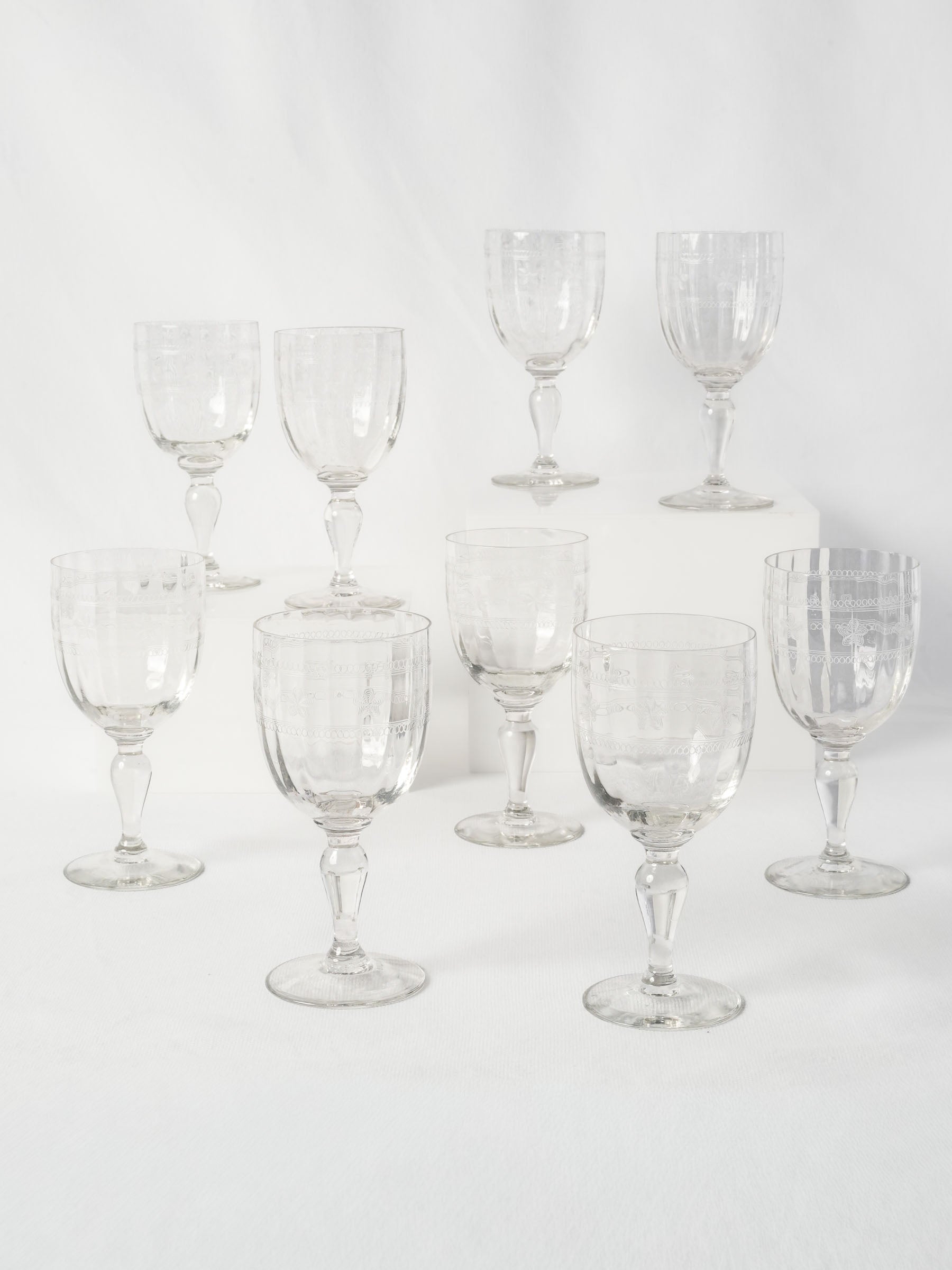 Set of 9 French Hand-Engraved Water or Wine Glasses, Early 20th Century - 7½"
