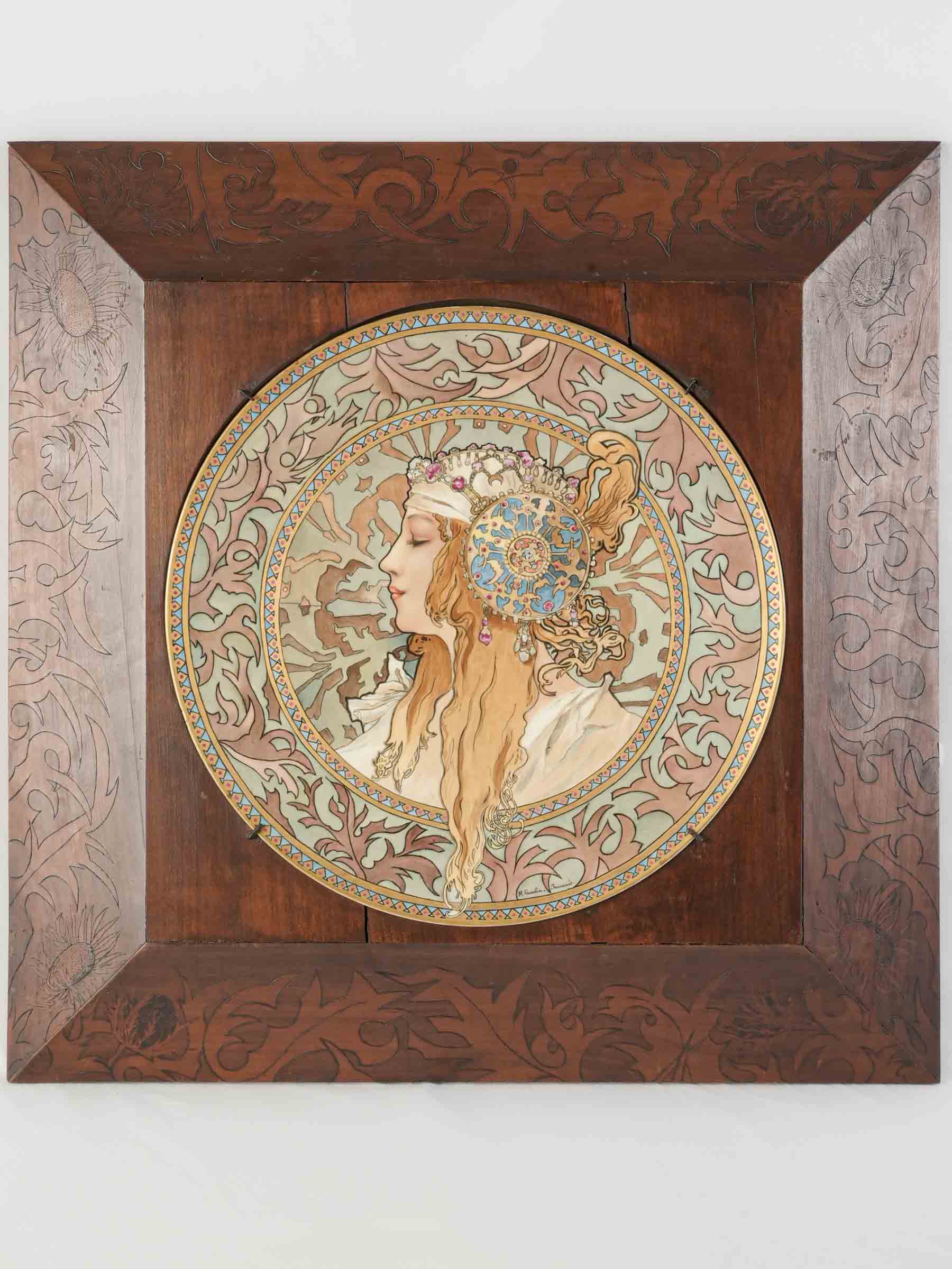 Exceptional Pair of Framed Art Nouveau Ceramic Plaques after Mucha - 24¾" x 25¼"