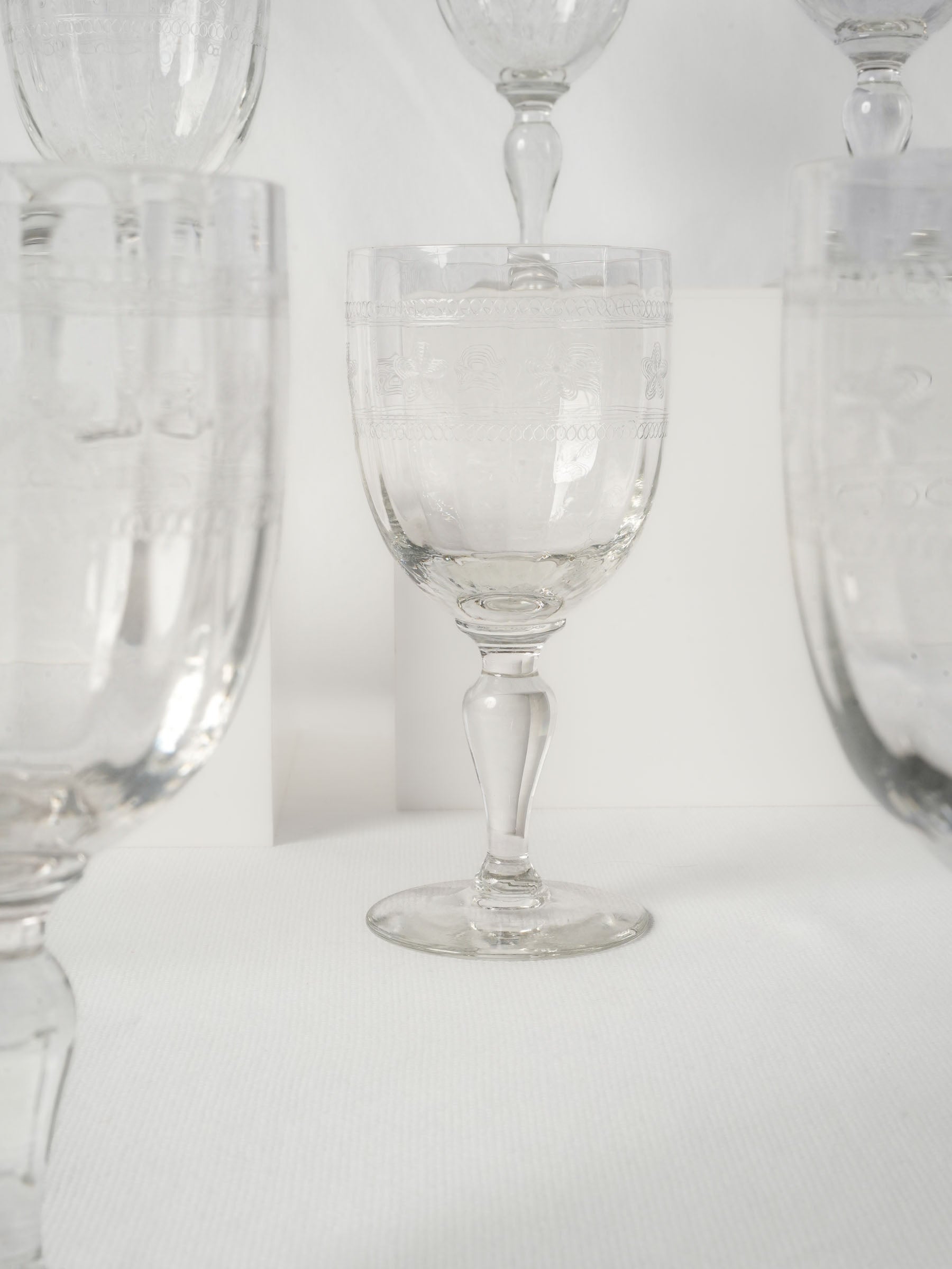Set of 9 French Hand-Engraved Water or Wine Glasses, Early 20th Century - 7½"