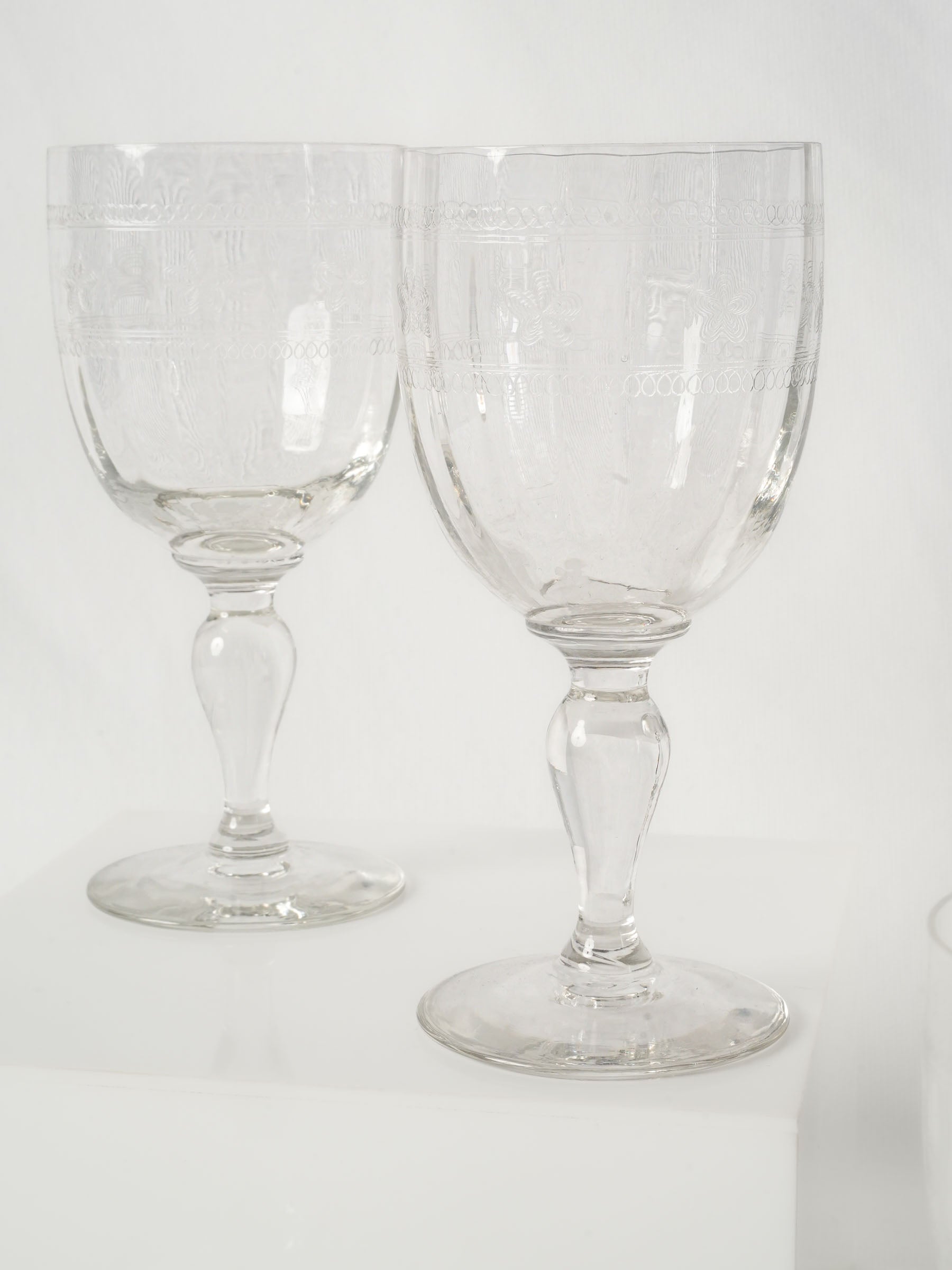 Set of 9 French Hand-Engraved Water or Wine Glasses, Early 20th Century - 7½"