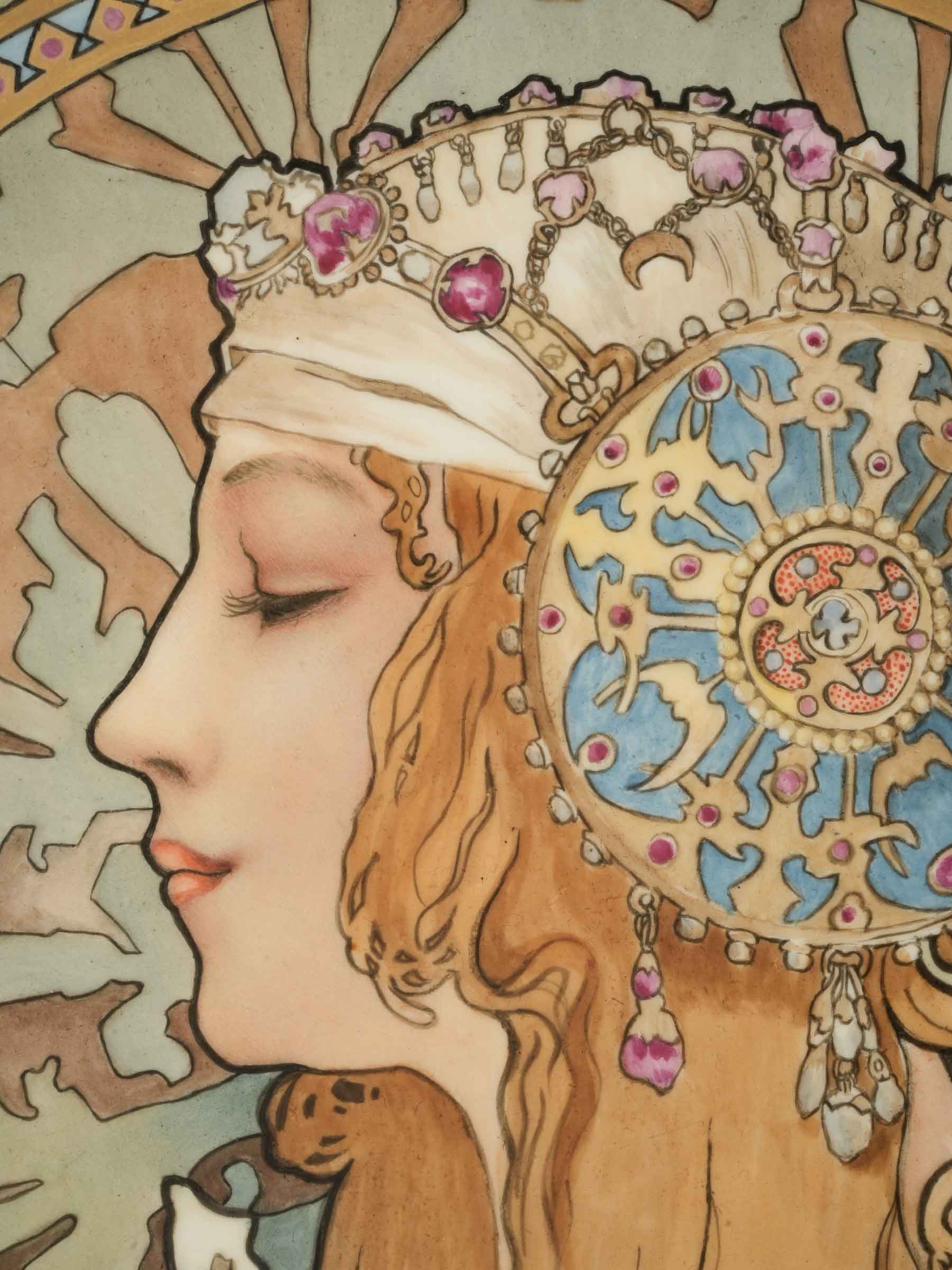 Exceptional Pair of Framed Art Nouveau Ceramic Plaques after Mucha - 24¾" x 25¼"