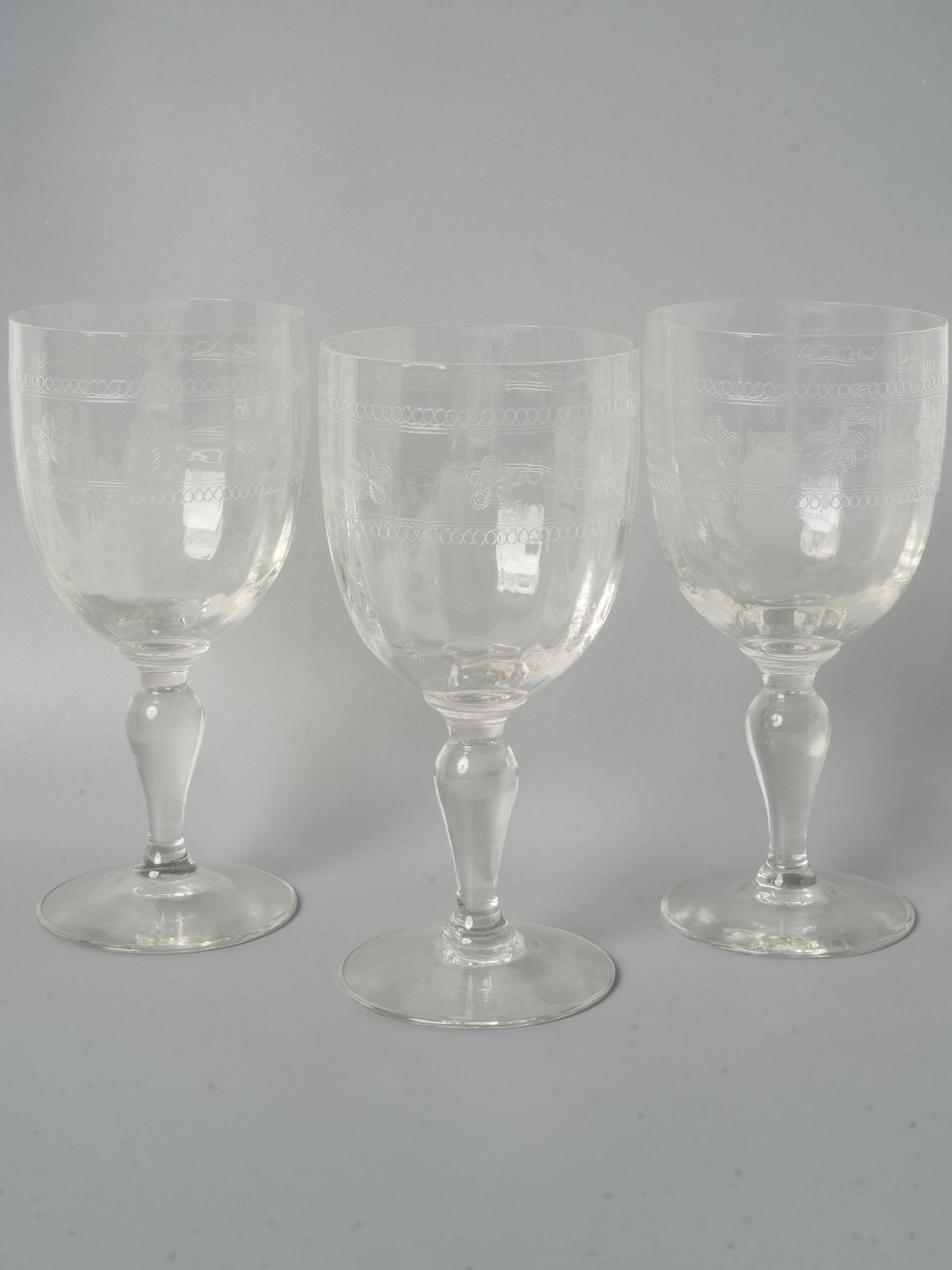 Set of 9 French Hand-Engraved Water or Wine Glasses, Early 20th Century - 7½"