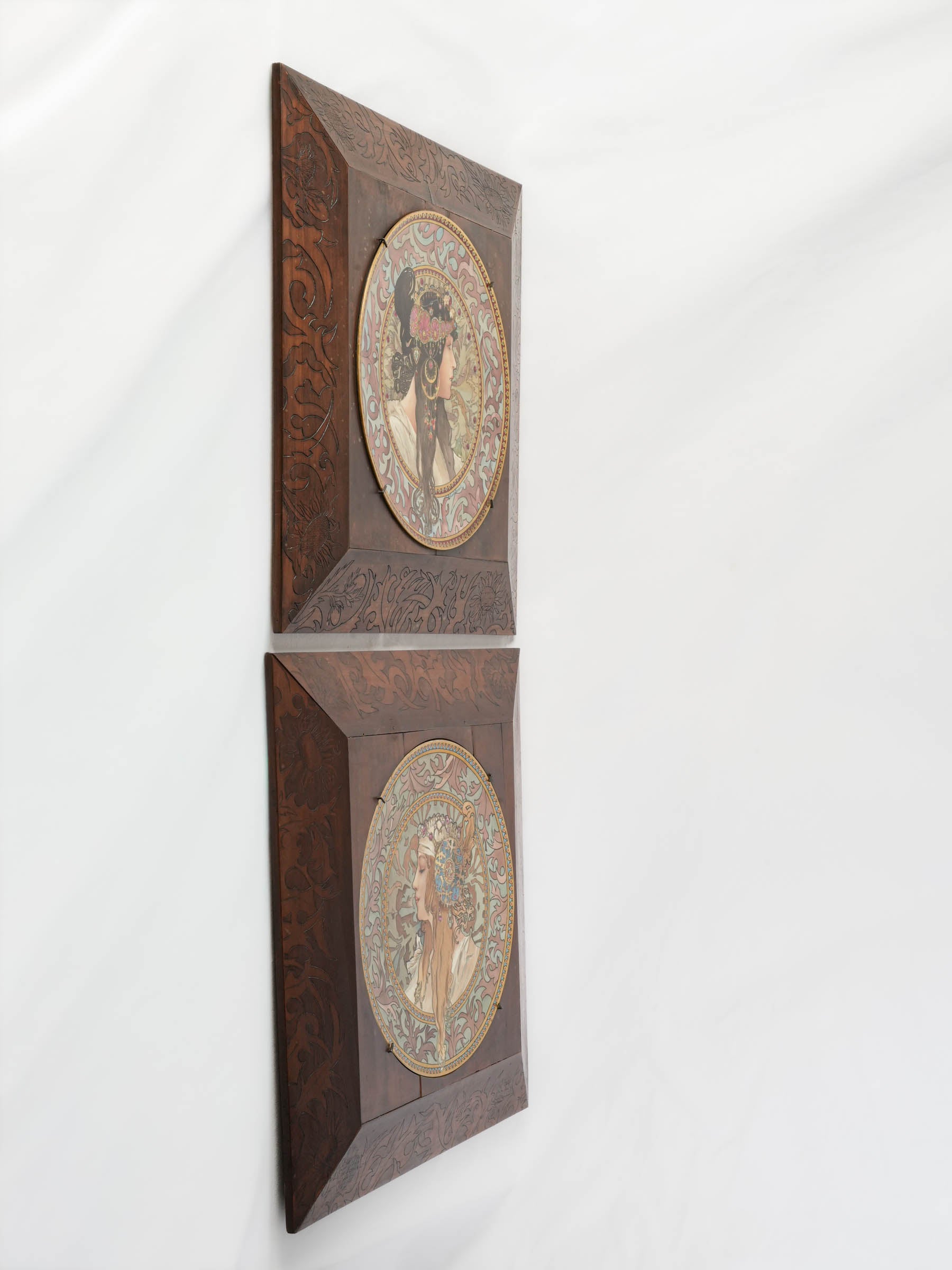 Exceptional Pair of Framed Art Nouveau Ceramic Plaques after Mucha - 24¾" x 25¼"