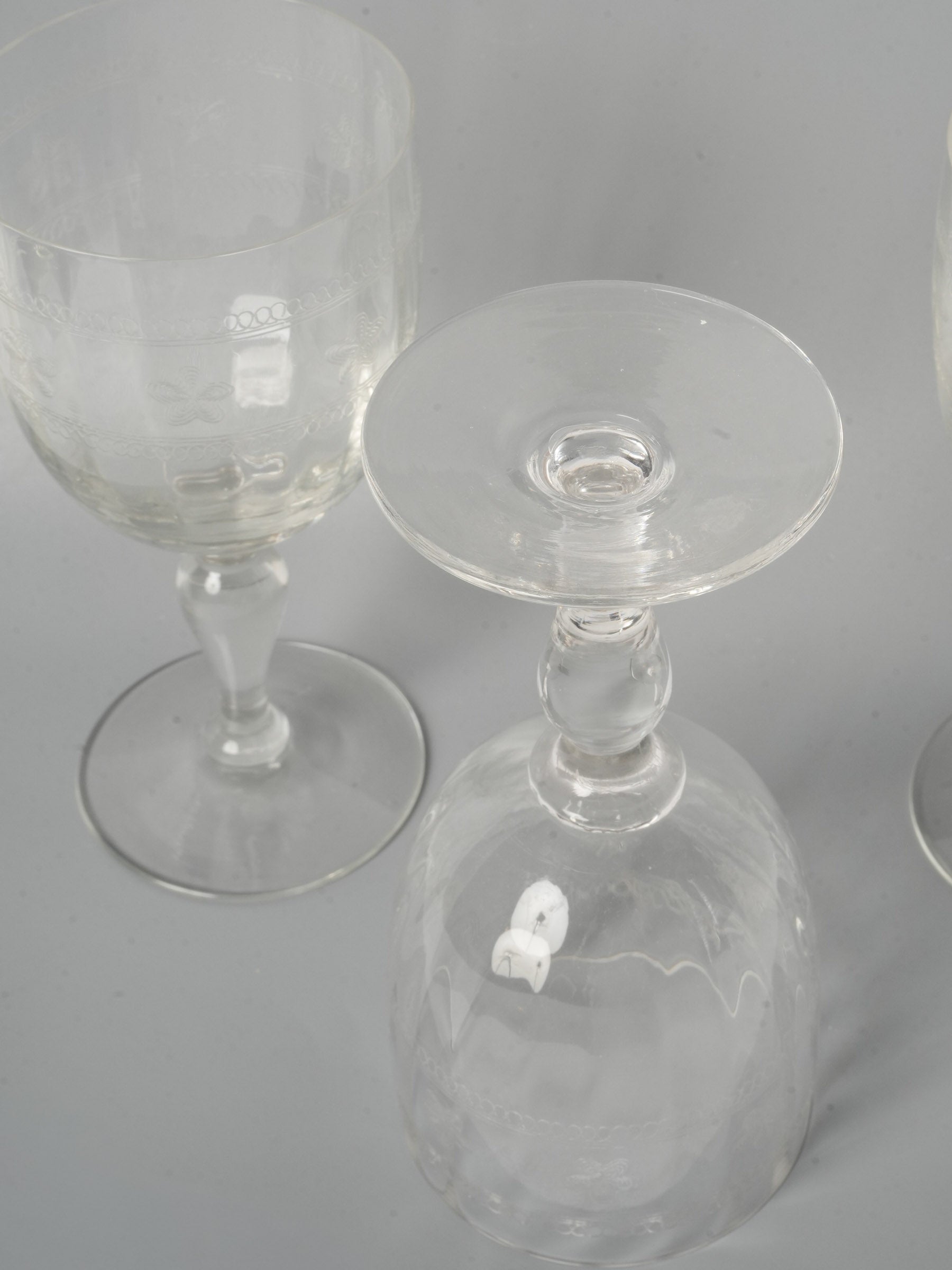 Set of 9 French Hand-Engraved Water or Wine Glasses, Early 20th Century - 7½"