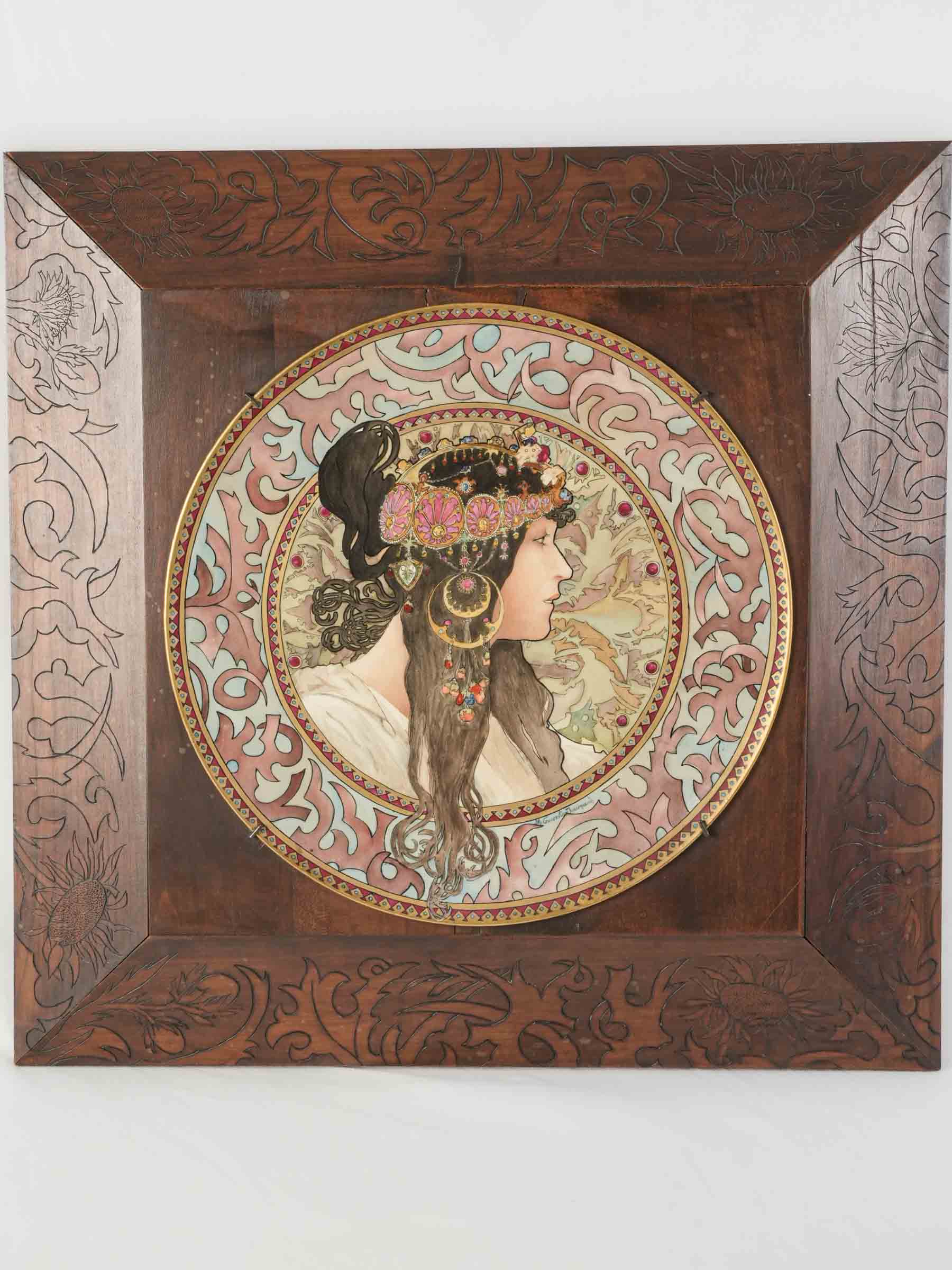 Exceptional Pair of Framed Art Nouveau Ceramic Plaques after Mucha - 24¾" x 25¼"