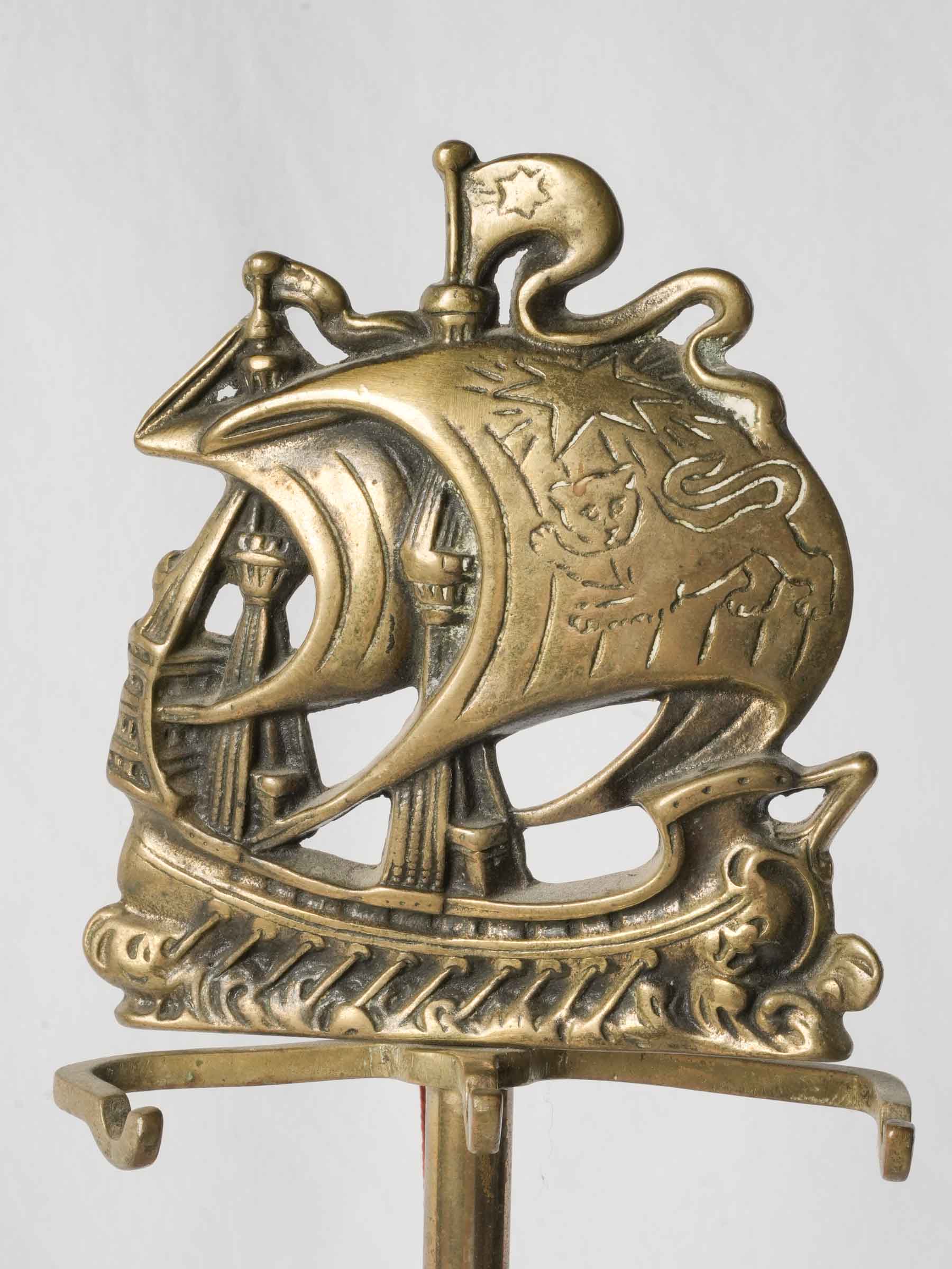 English Brass Fireplace Tool Set w/ Golden Hind Nautical Motif