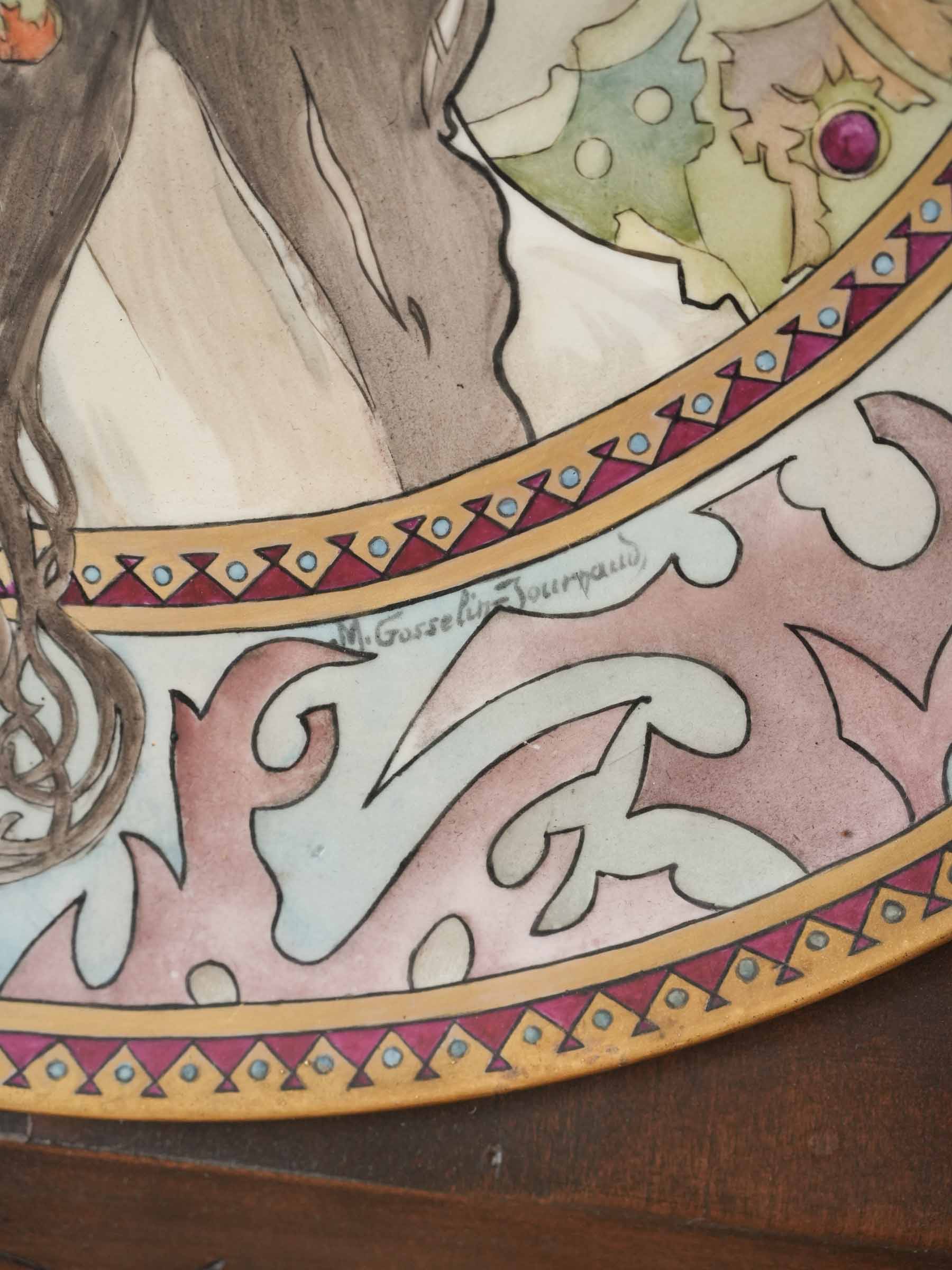 Exceptional Pair of Framed Art Nouveau Ceramic Plaques after Mucha - 24¾" x 25¼"
