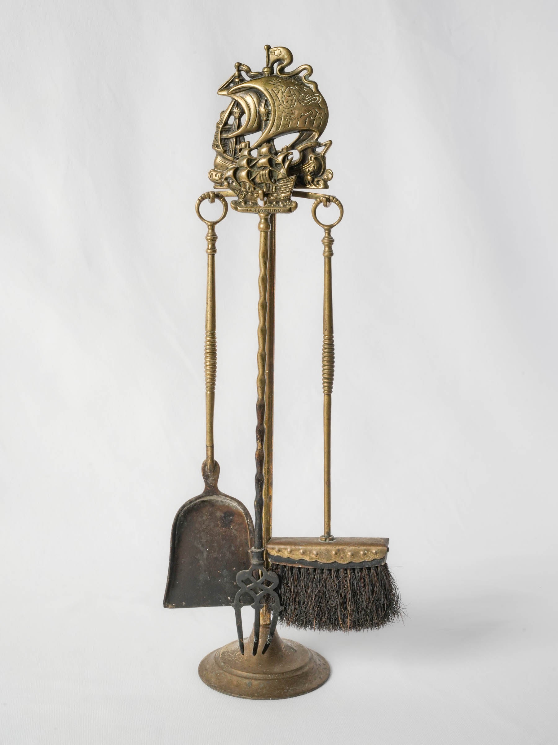 English Brass Fireplace Tool Set w/ Golden Hind Nautical Motif