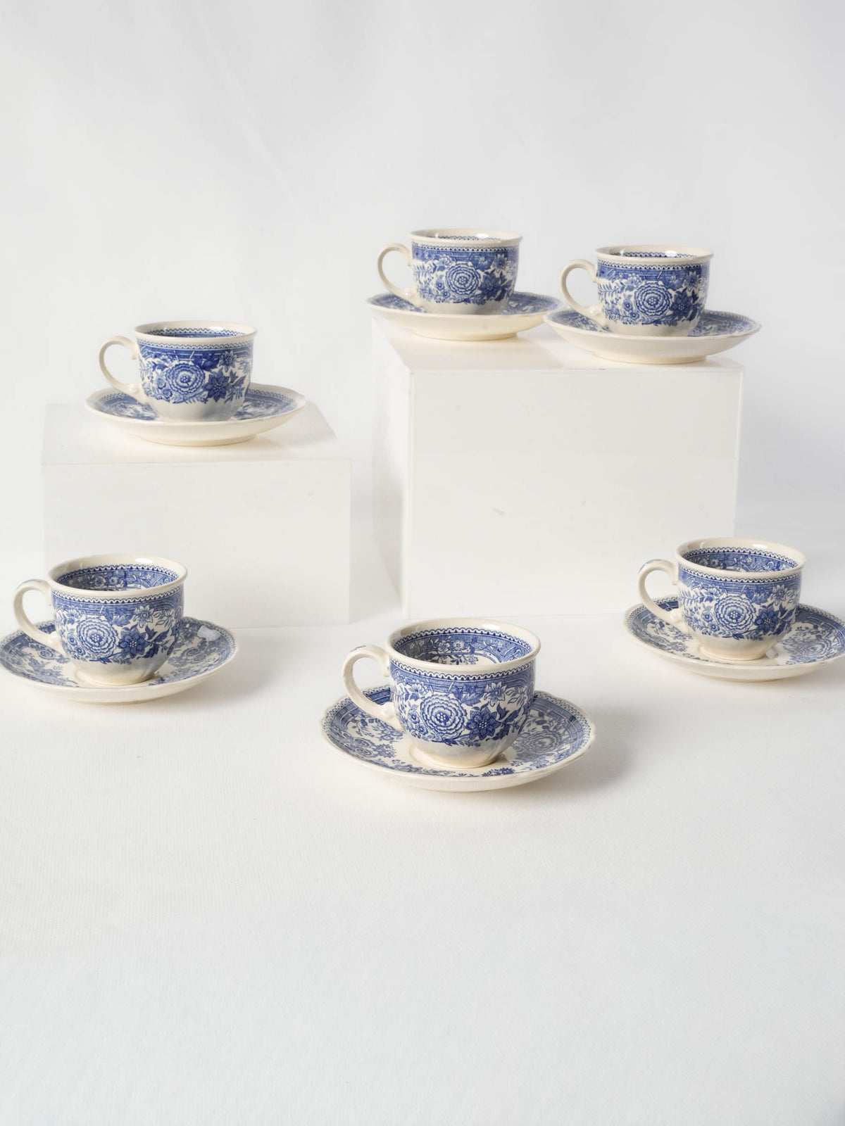 Vintage Villeroy & Boch Burgenland Blue and White Coffee Cups Saucers, Set of 6