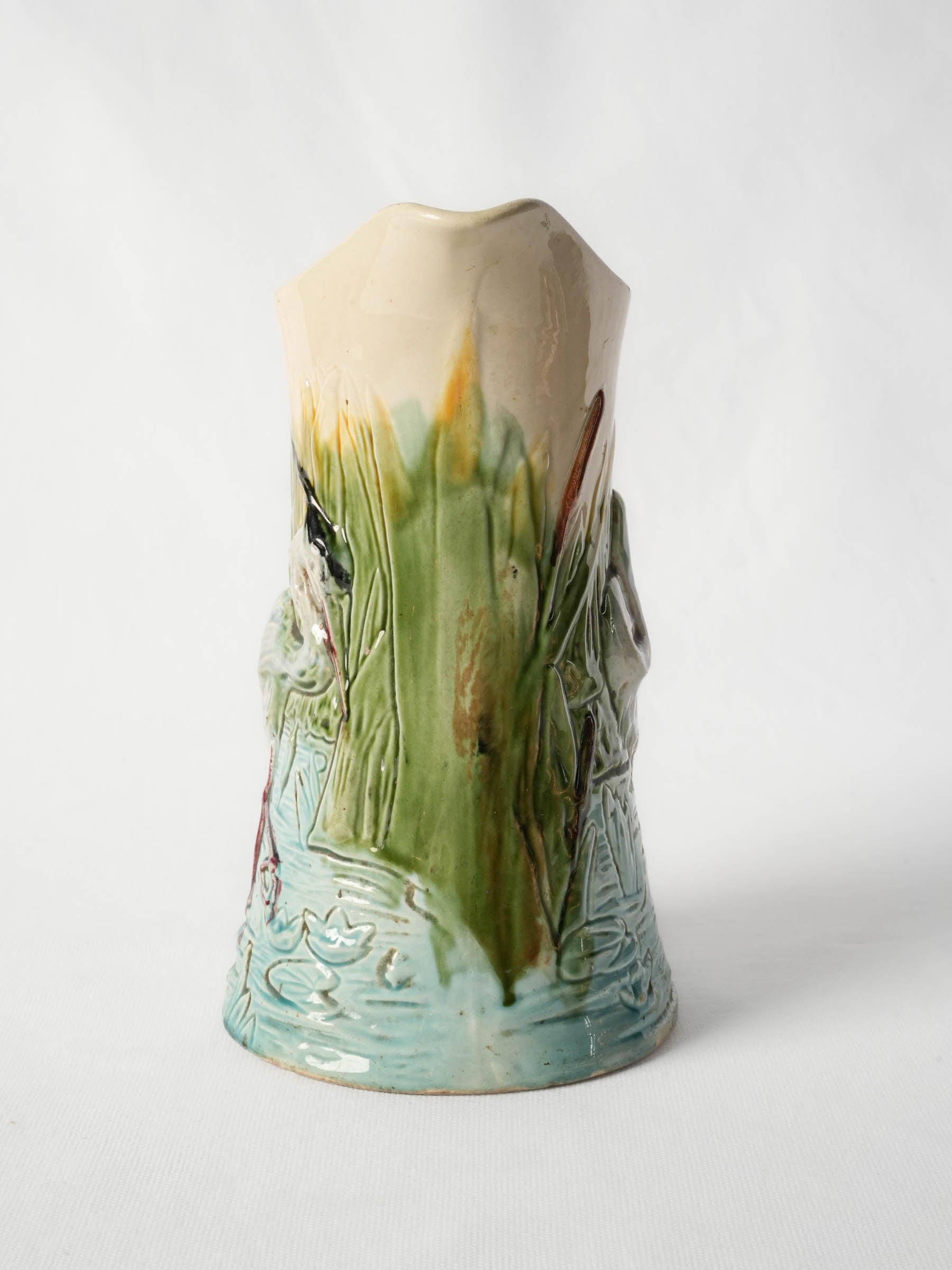 French Art Nouveau Majolica Pitcher w/ Heron Décor, c. 1900 -10¼"