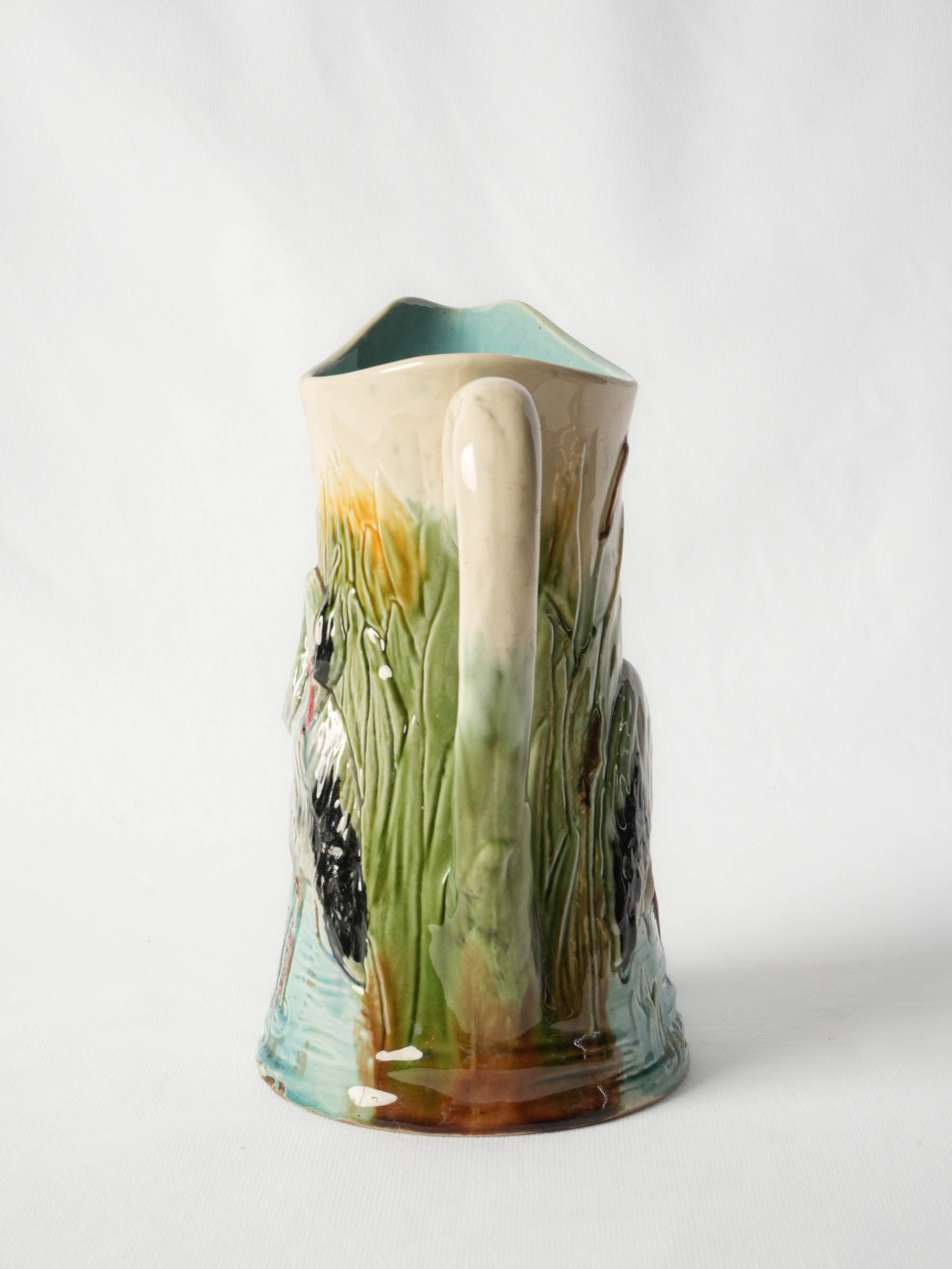 French Art Nouveau Majolica Pitcher w/ Heron Décor, c. 1900 -10¼"