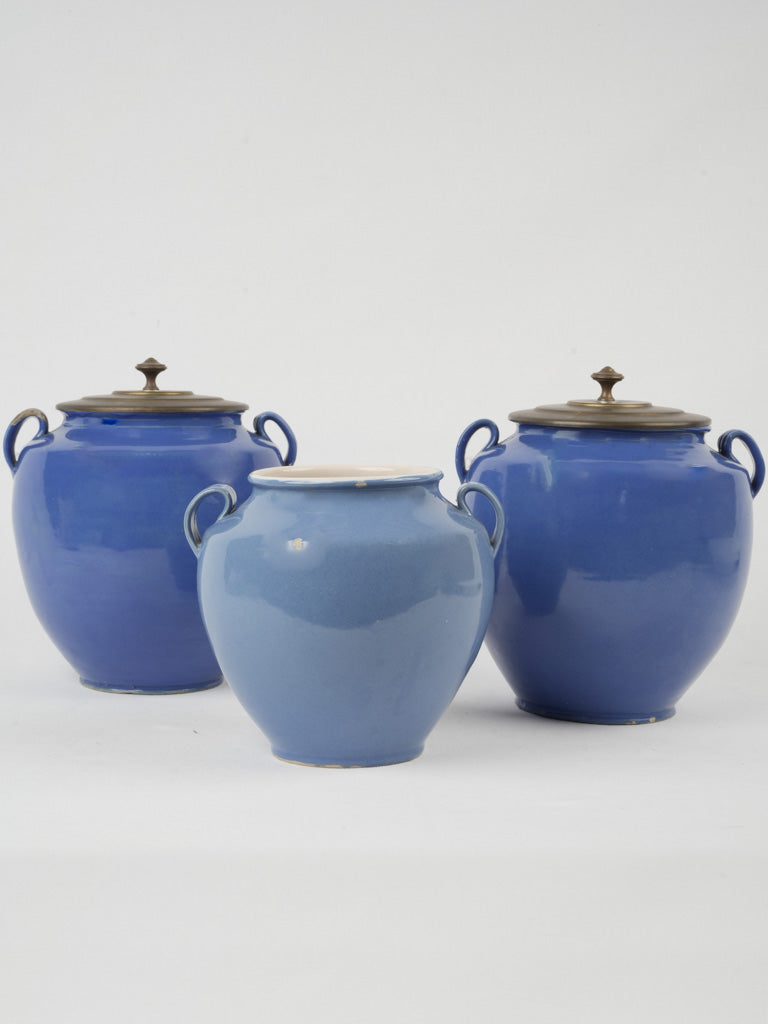 Aged blue glazed trio pots