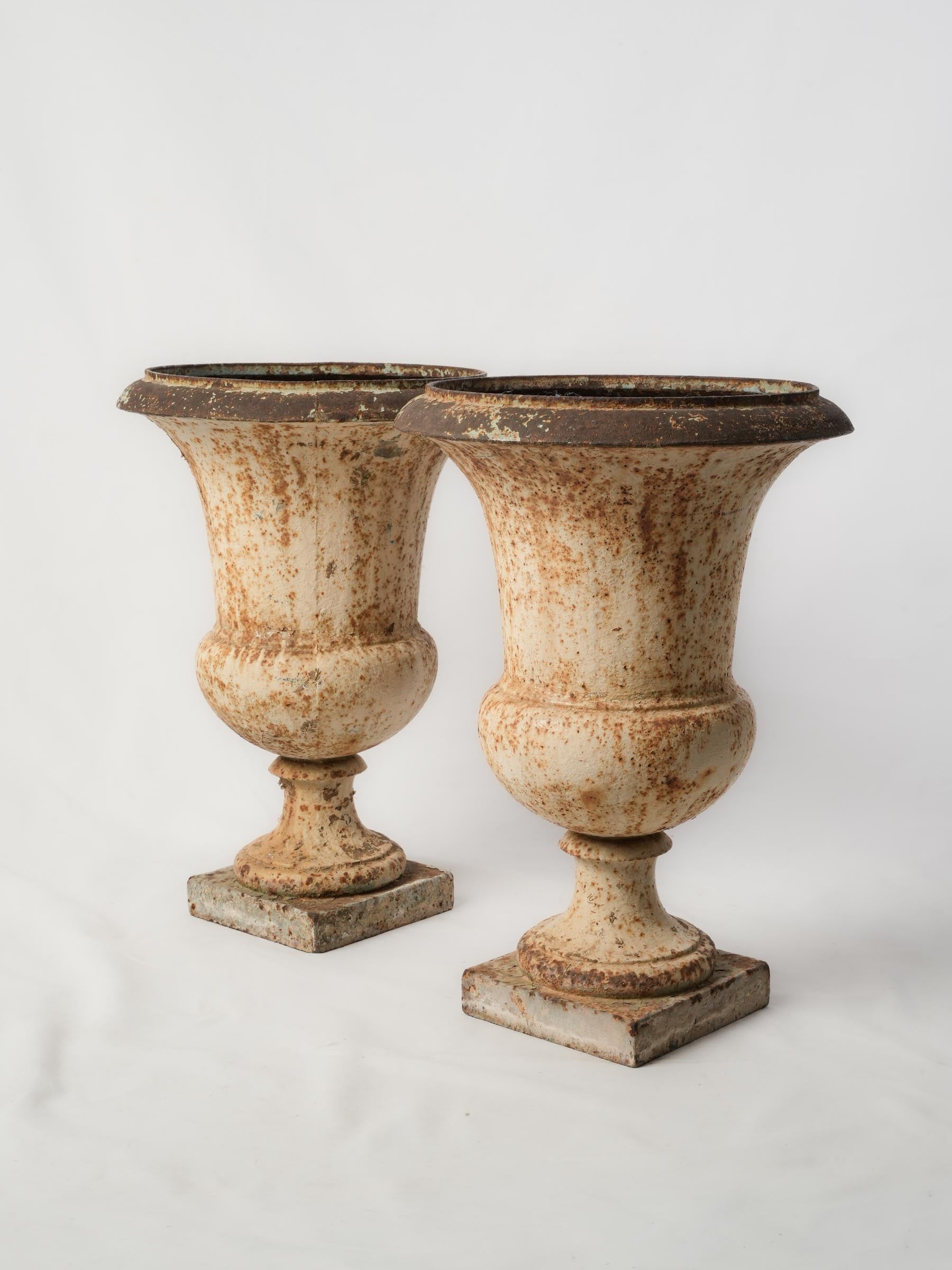 Pair of Antique French Cast Iron Medici Urns w/ Mottled Aged Patina - 20¾" x 15"