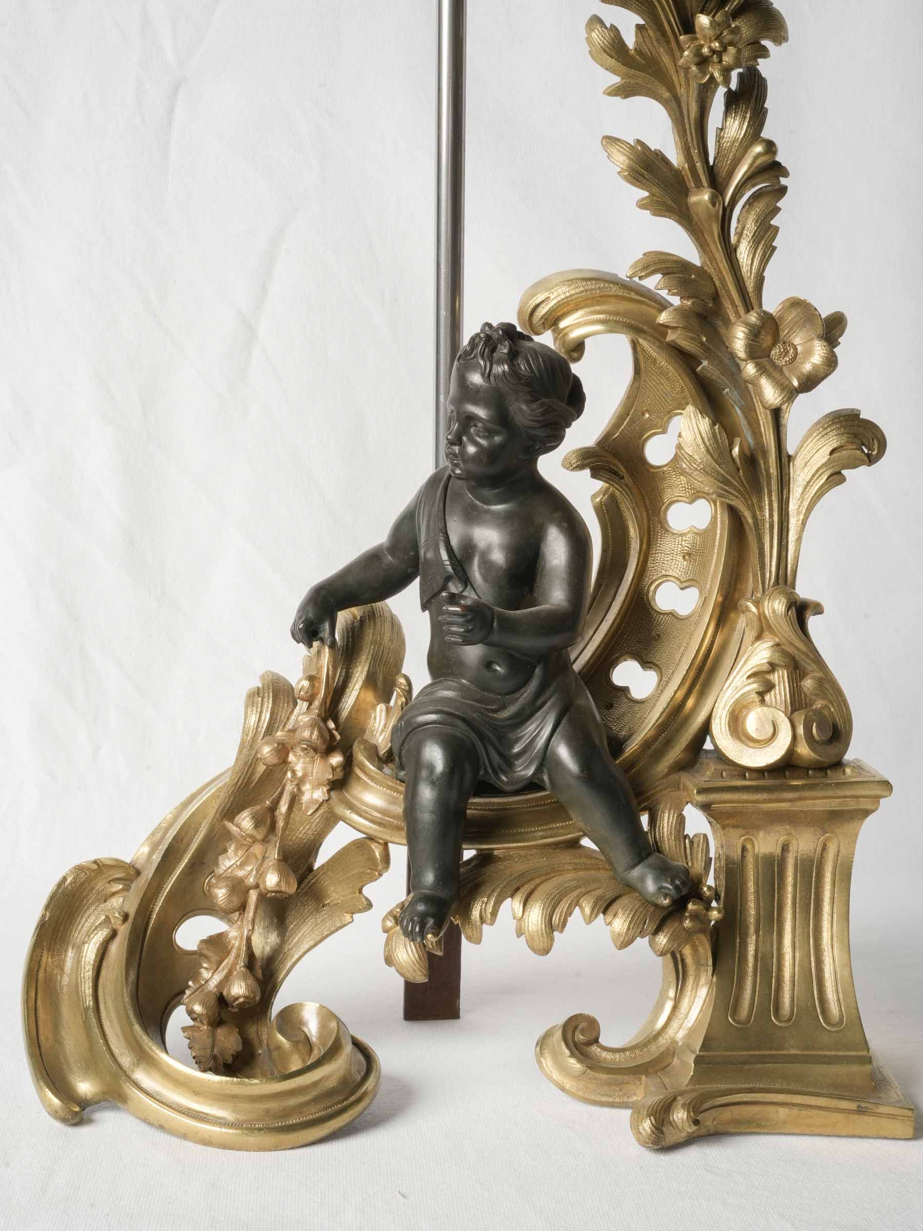 Pair of Spectacular Table Lamps, 19th-Century Louis XV-Style Gilt & Patinated Bronze Andirons - 24¾"