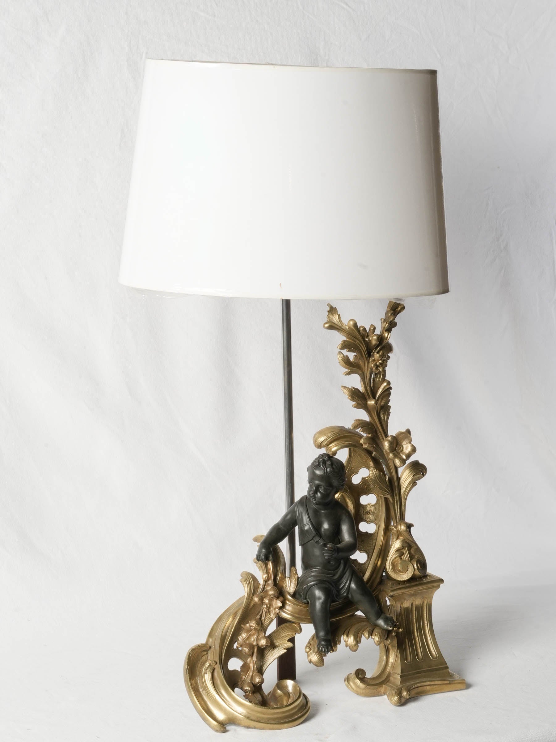 Pair of Spectacular Table Lamps, 19th-Century Louis XV-Style Gilt & Patinated Bronze Andirons - 24¾"