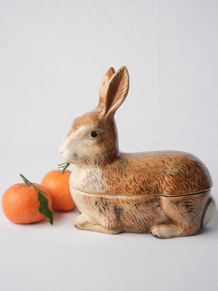 1970s French Barbotine Rabbit-Form Lidded Terrine - 9"