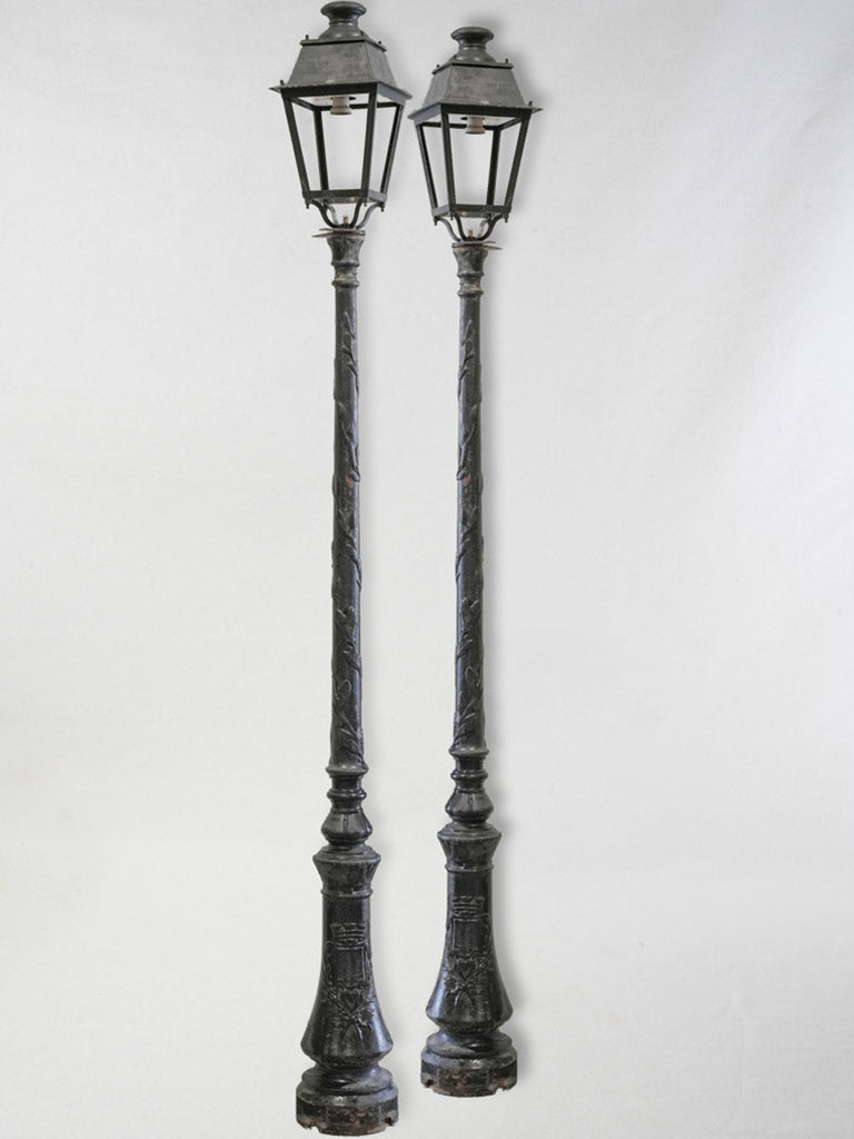 Striking Pair of Early 20th Century French Cast-Iron Street Lamps w/ Armorial Bases - 135¾"