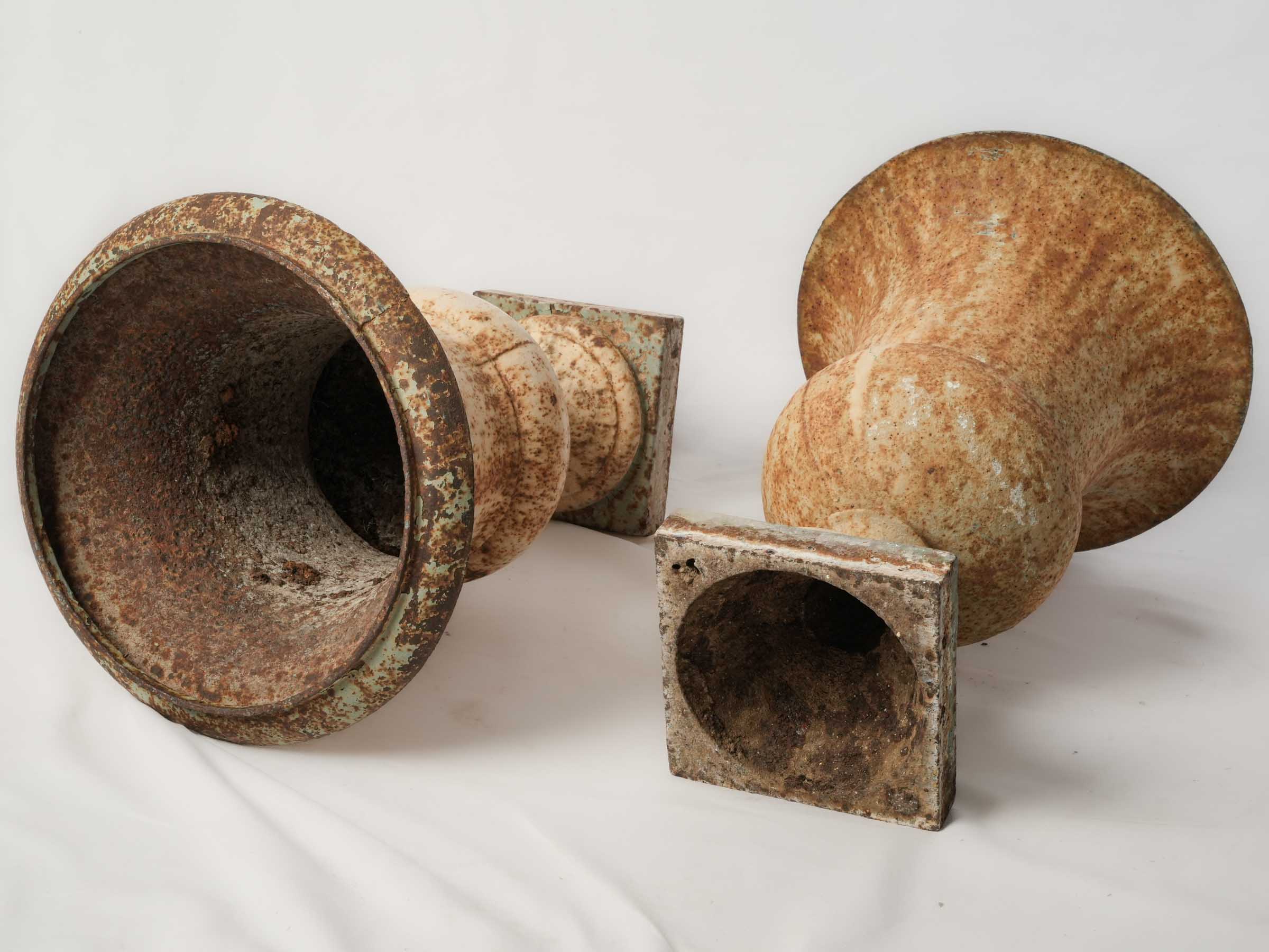 Pair of Neoclassical Cast Iron Medici Urns w/ Rich Oxidized Patina - 21¼" x 15"