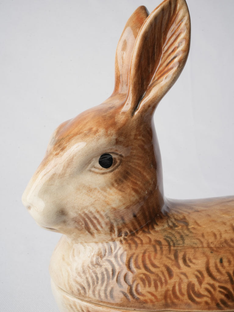1970s French Barbotine Rabbit-Form Lidded Terrine - 9"
