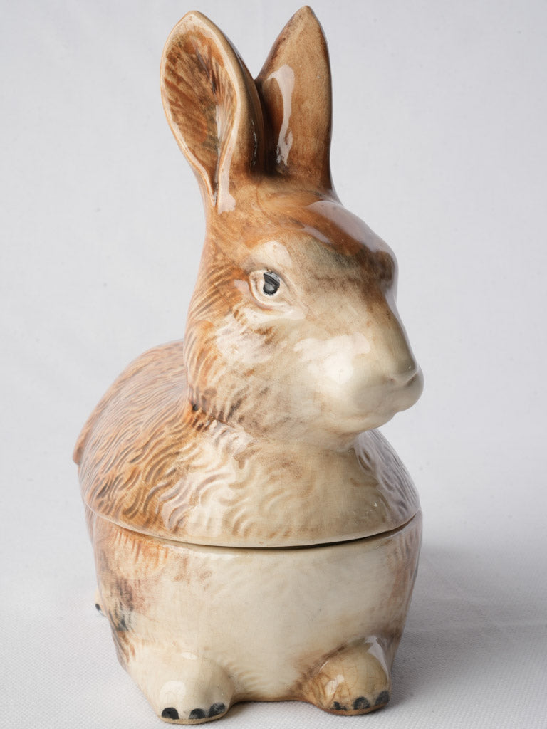 1970s French Barbotine Rabbit-Form Lidded Terrine - 9"