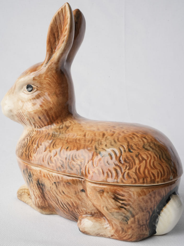 1970s French Barbotine Rabbit-Form Lidded Terrine - 9"