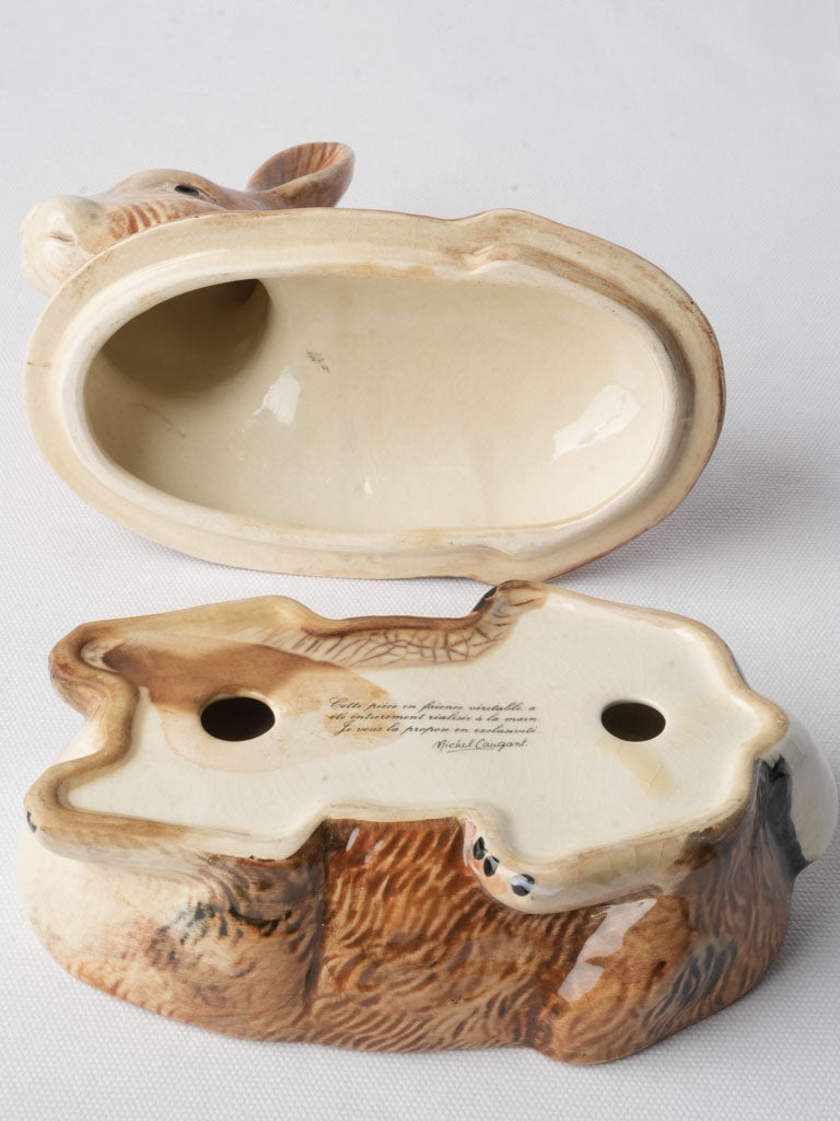 1970s French Barbotine Rabbit-Form Lidded Terrine - 9"